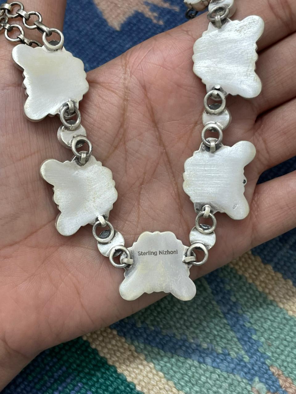 Handmade Sterling Silver White Buffalo with Kingman and Golden Hills Turquoise Necklace "Signed Nizhoni"
