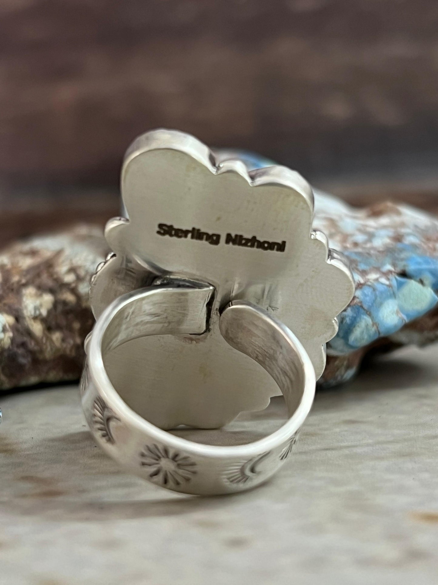 Handmade Sterling Silver Sonoran Mountain Turquoise Adjustable Ring, Signed Nizhoni