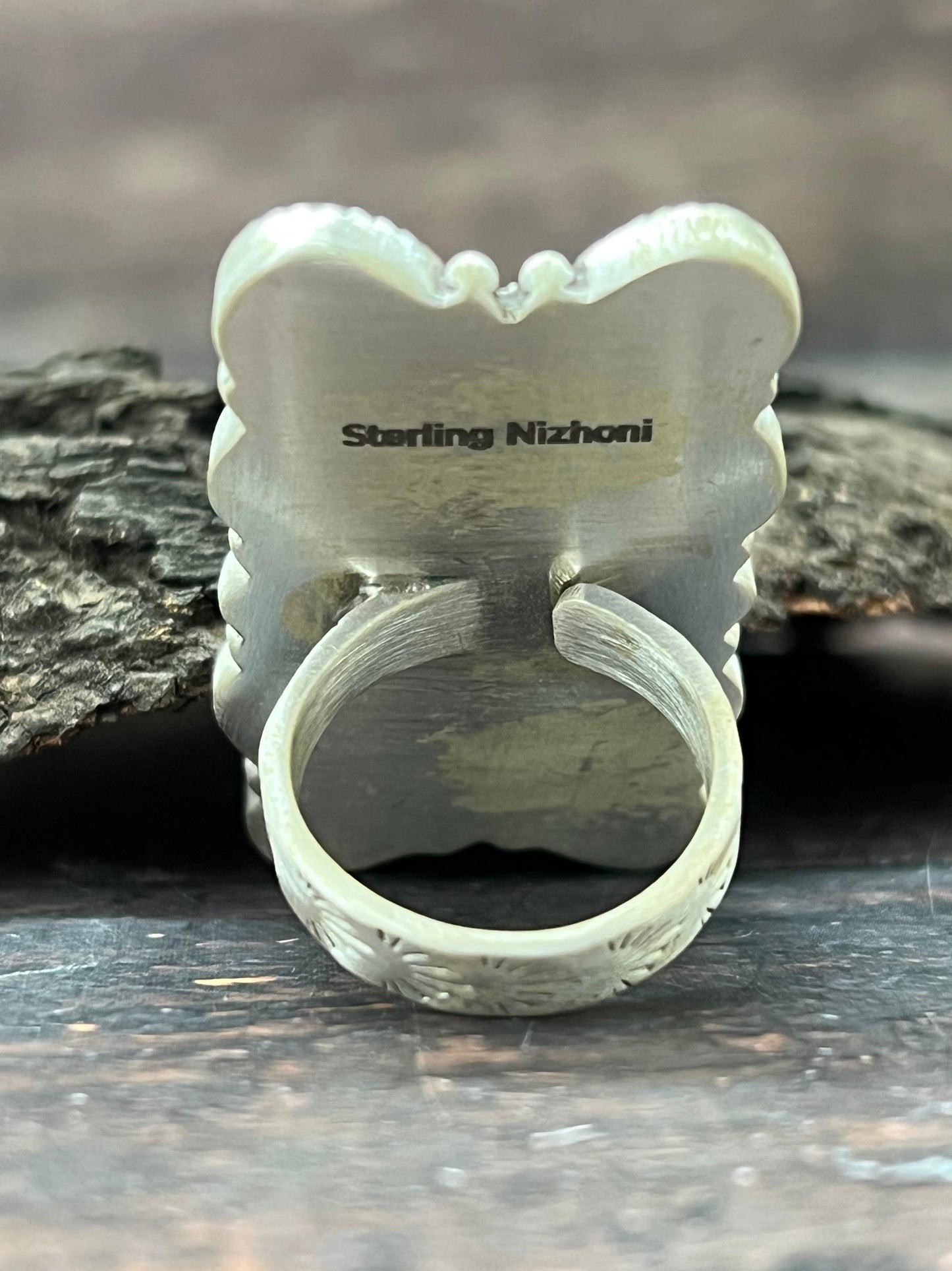 Handmade Sterling Silver Kingman Turquoise Adjustable Ring with Signed Nizhoni