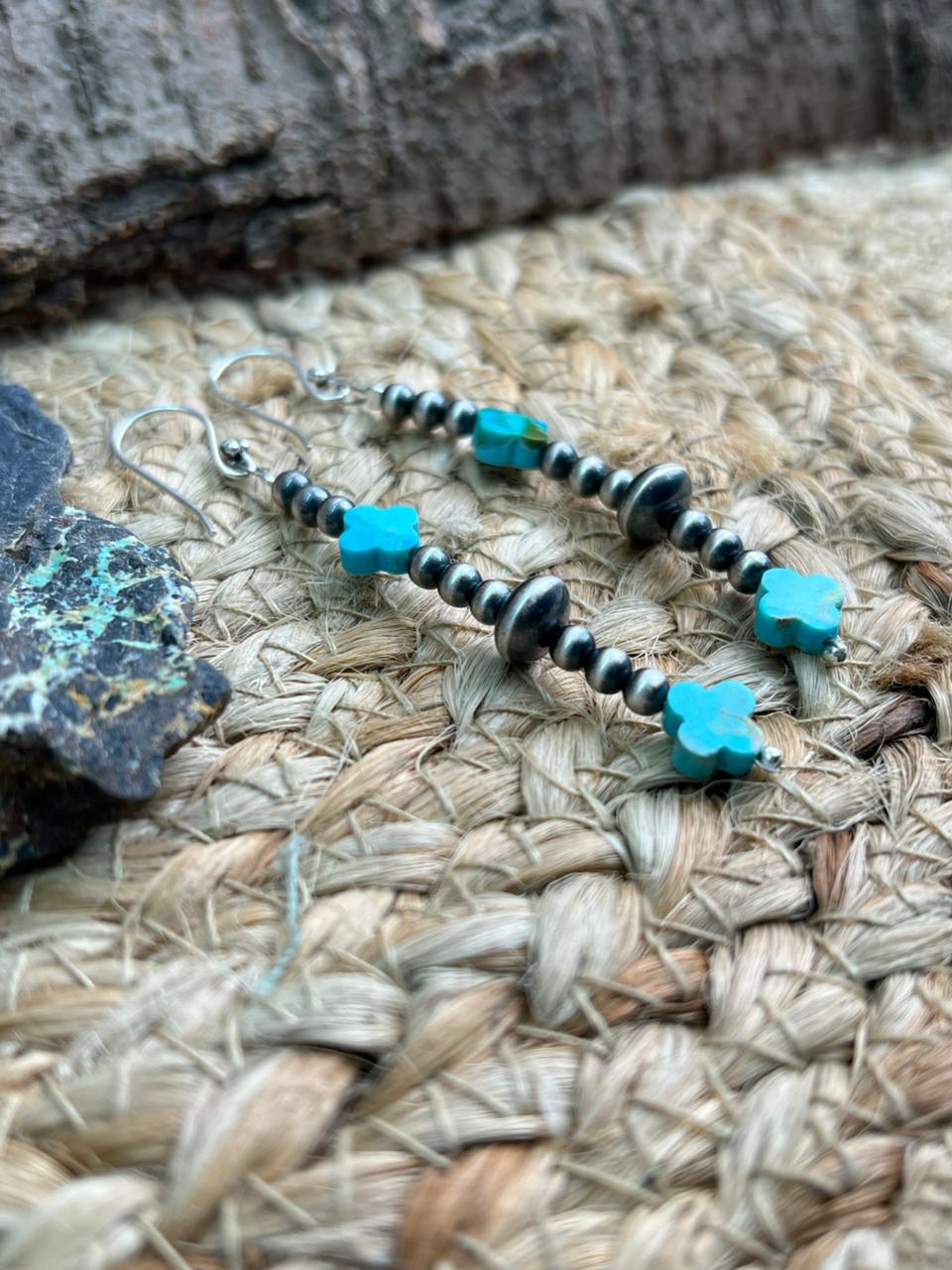 Handmade Sterling Silver Beaded Kingman Turquoise Hook Dangle Earrings