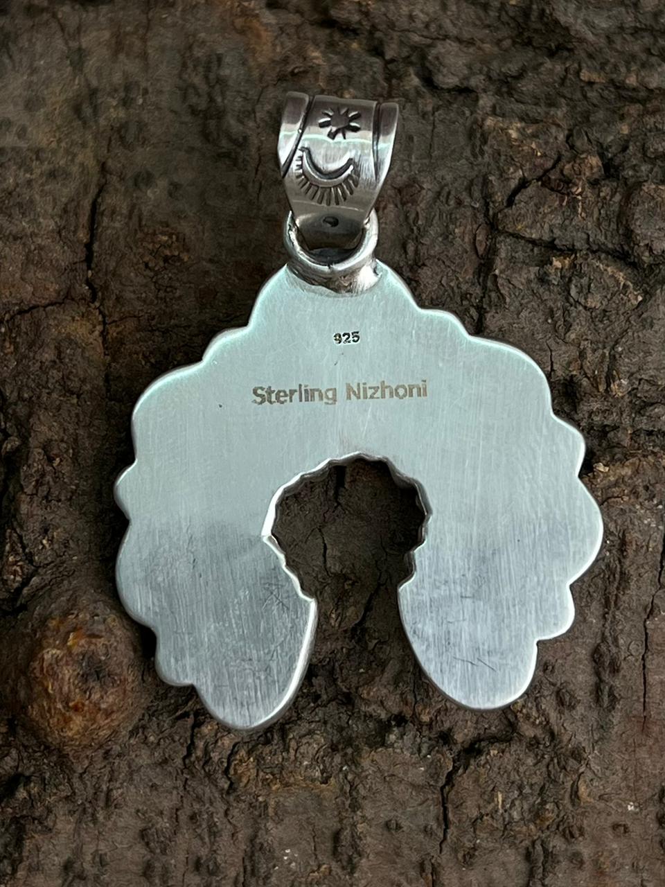 Handmade Sterling Silver Blackjack Turquoise Naja Pendant "Signed Nizhoni"