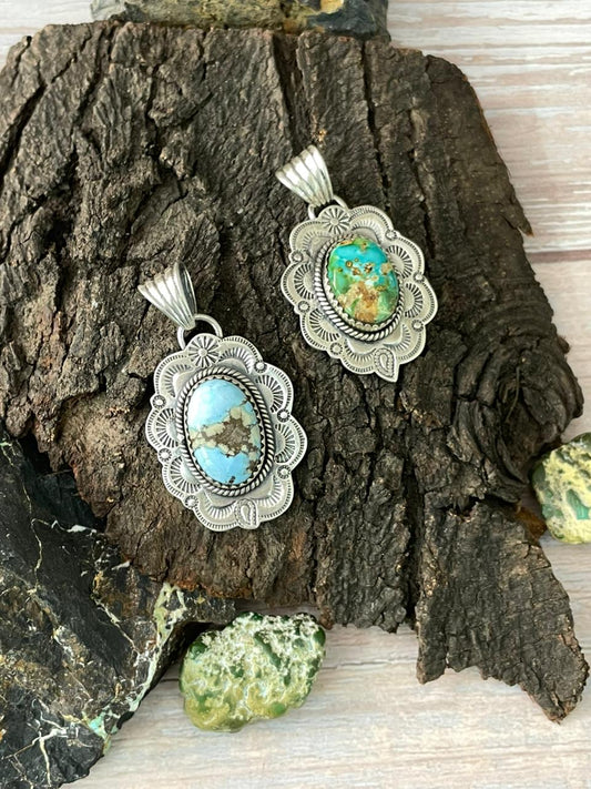 Handmade Sterling Silver Sonoran Mountain Turquoise, Golden Hills Turquoise Pendant " Signed Nizhoni"