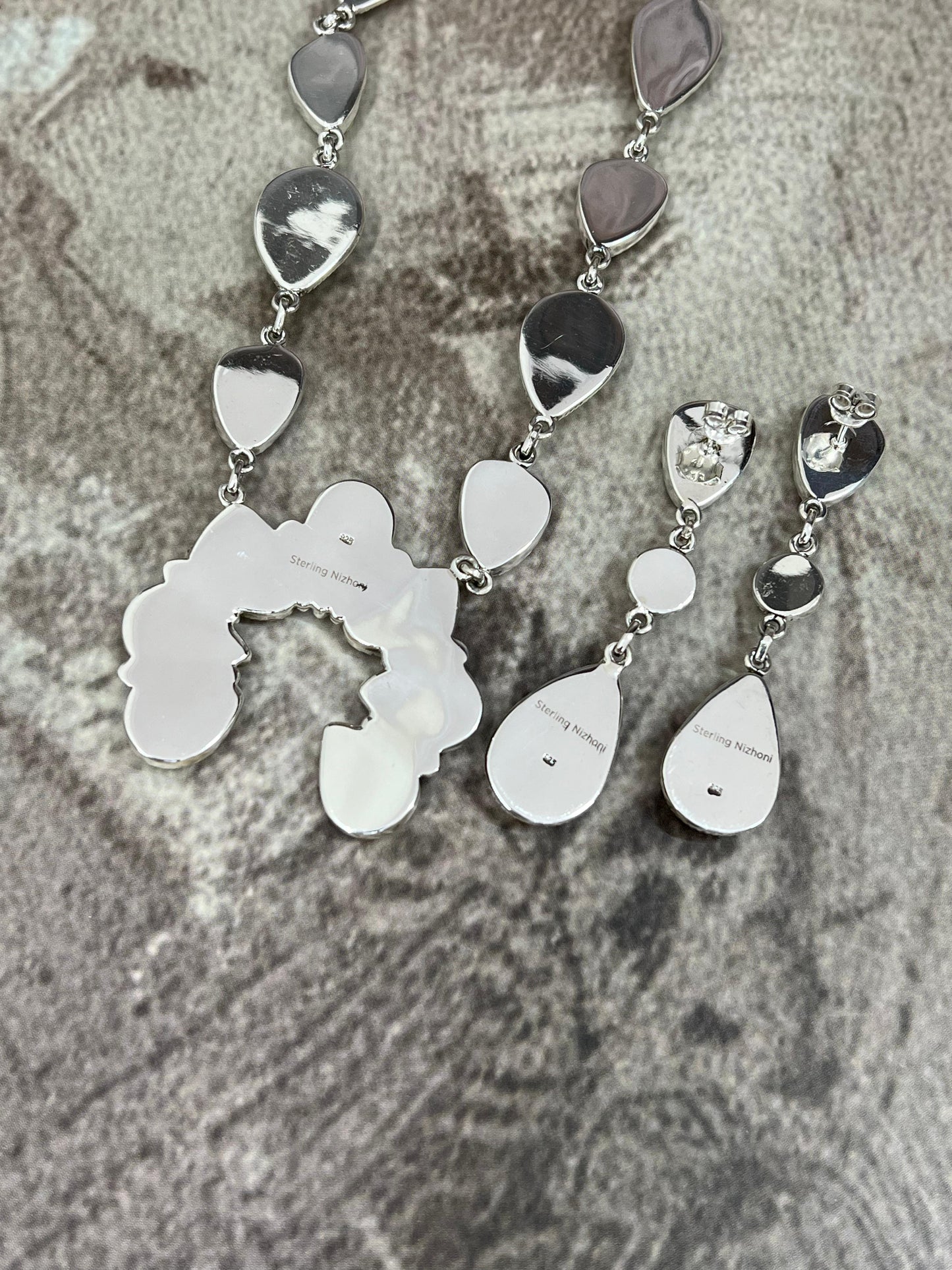 Handmade Sterling Silver Honey Dahlia Squash Blossom Necklace Earrings Set, Signed Nizhoni