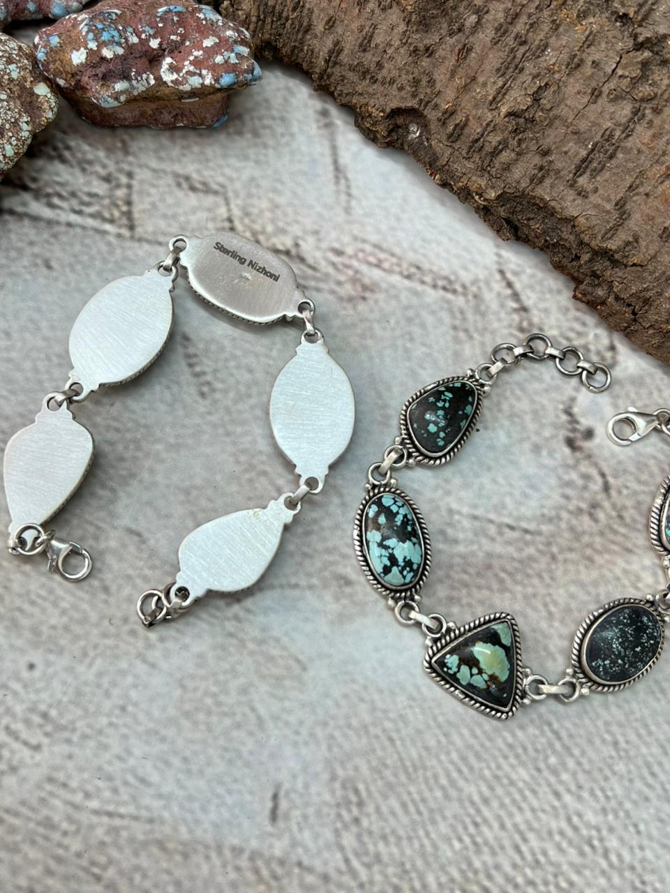 Handmade Sterling Silver Lander Turquoise Chain Bracelet with Signed Nizhoni