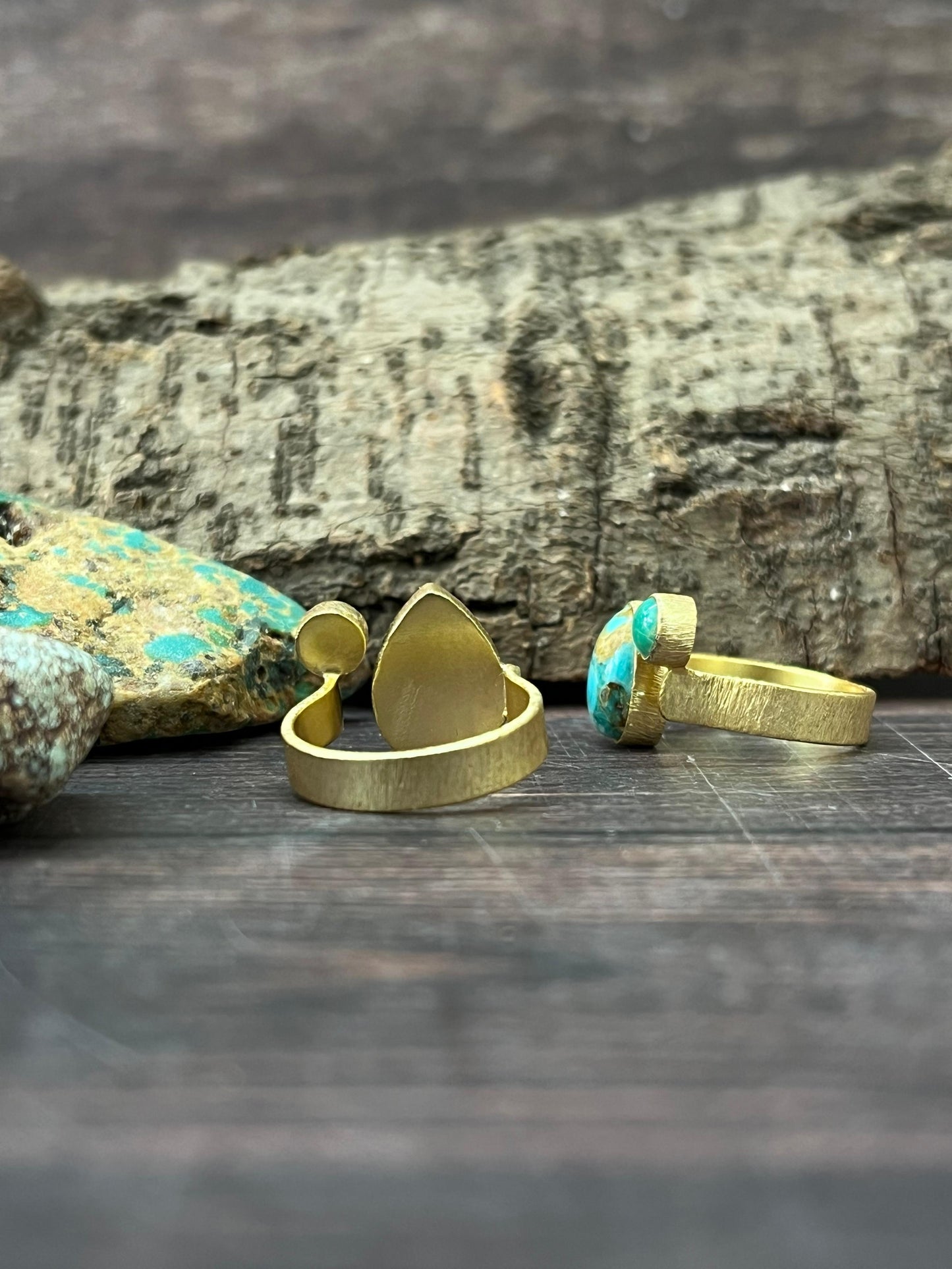 “The Golden Collection” Natural Kingman Turquoise, Black Onyx Adjustable Tear Dot Ring