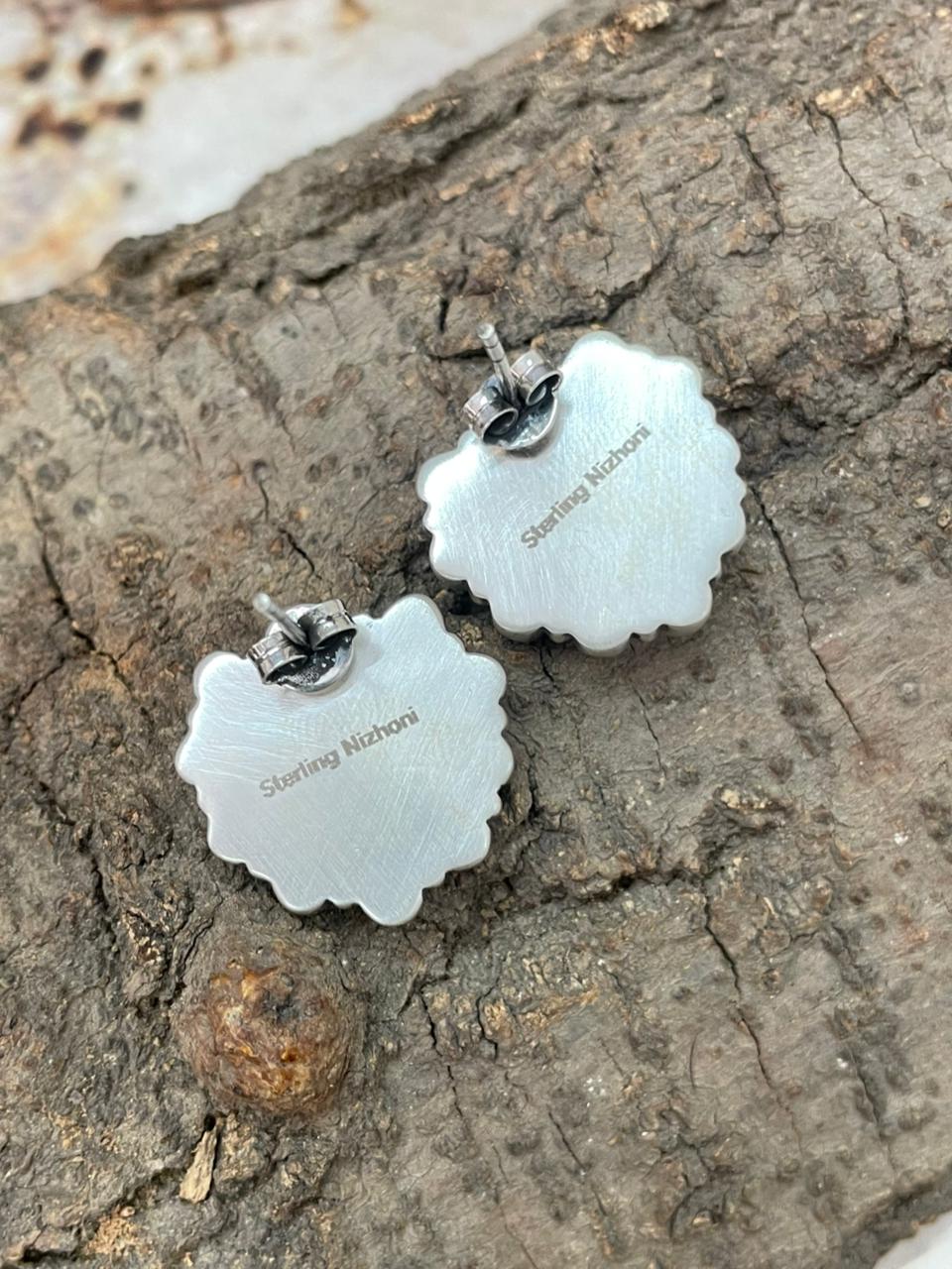 "Heart Collection" Handmade Sterling Silver Kingman Turquoise Post Studs Earrings "Signed Nizhoni"