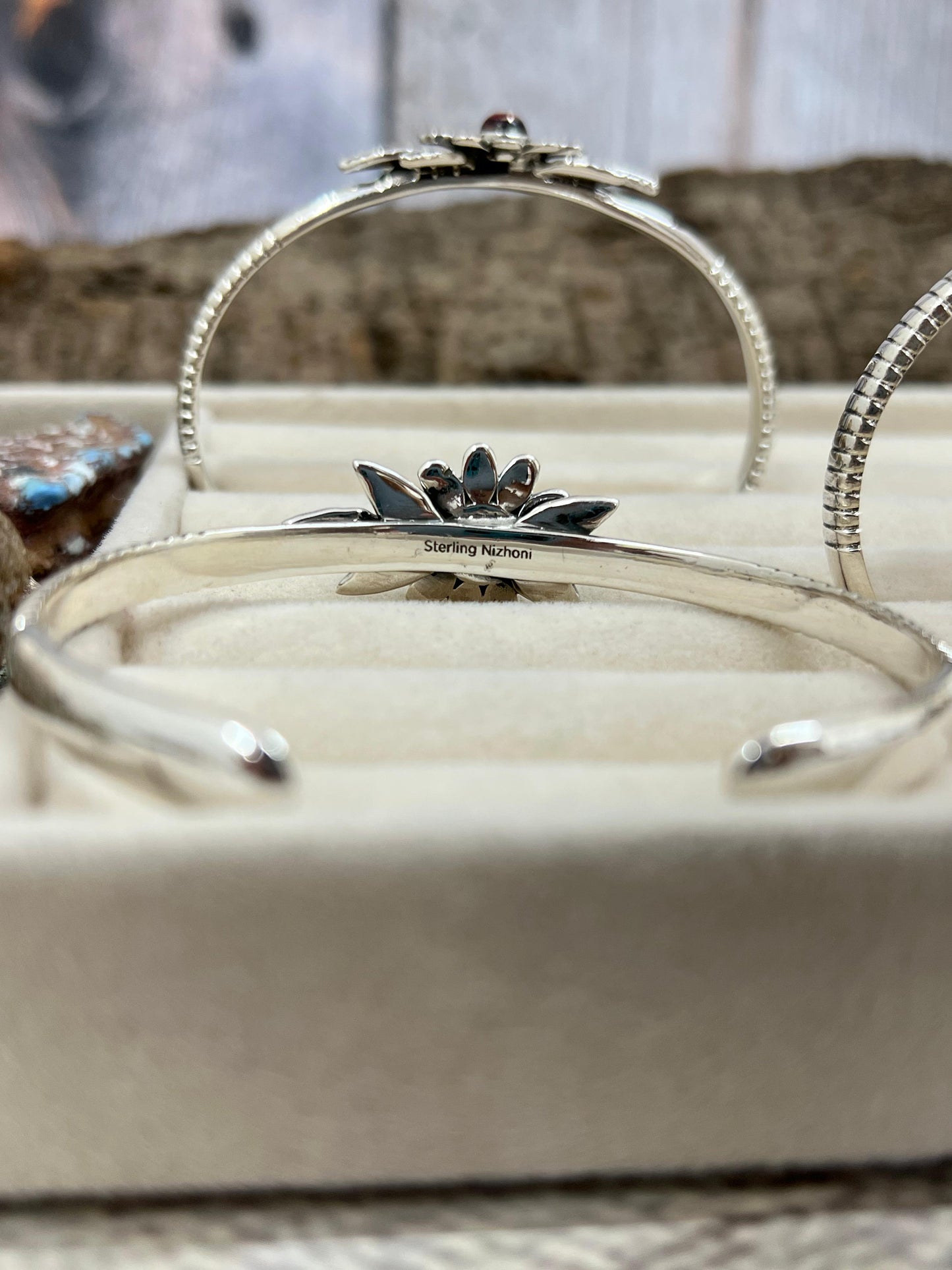 Handmade Sterling Silver Peacock Dahlia, Cotton Candy Turquoise, Dahlia Rose Cuff Bracelet with Signed Nizhoni (4)