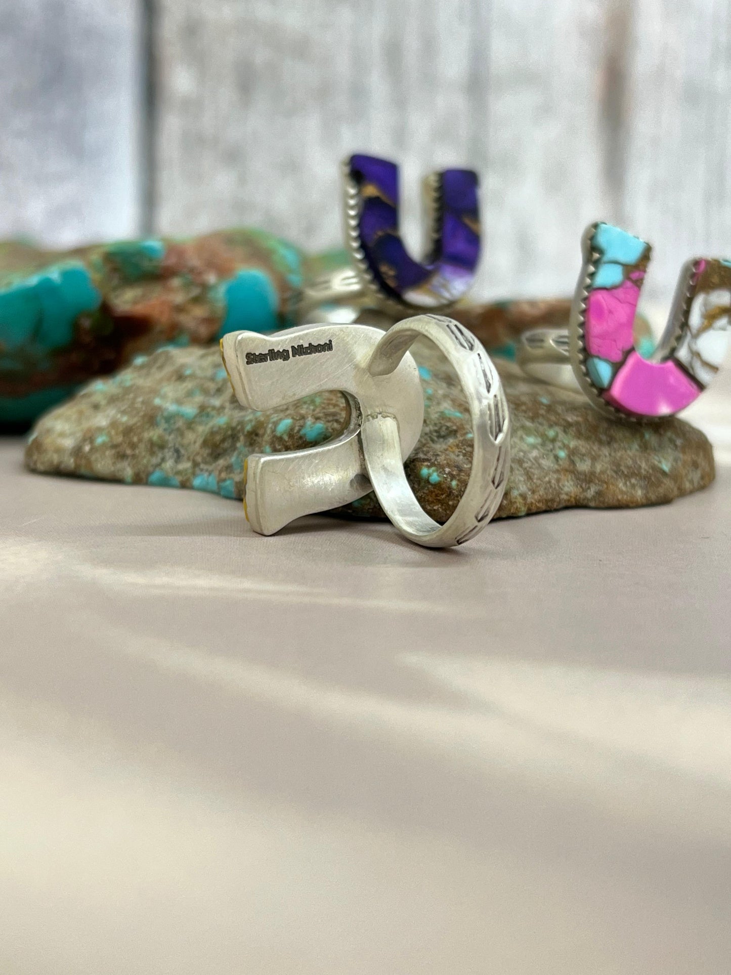 Handmade Horseshoe Sterling Silver Multistone Turquoise Adjustable Ring Signed Nizhoni