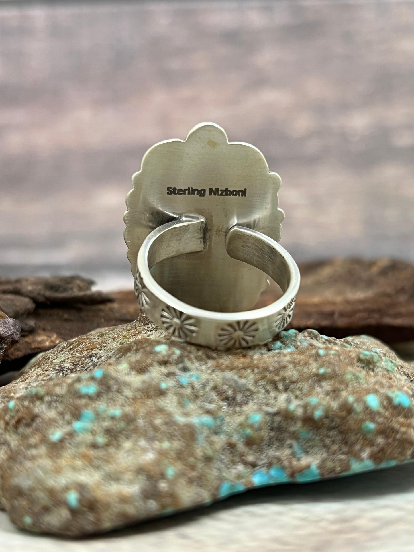 Handmade Sterling Silver Old Stock Royston Turquoise Adjustable Ring Signed Nizhoni