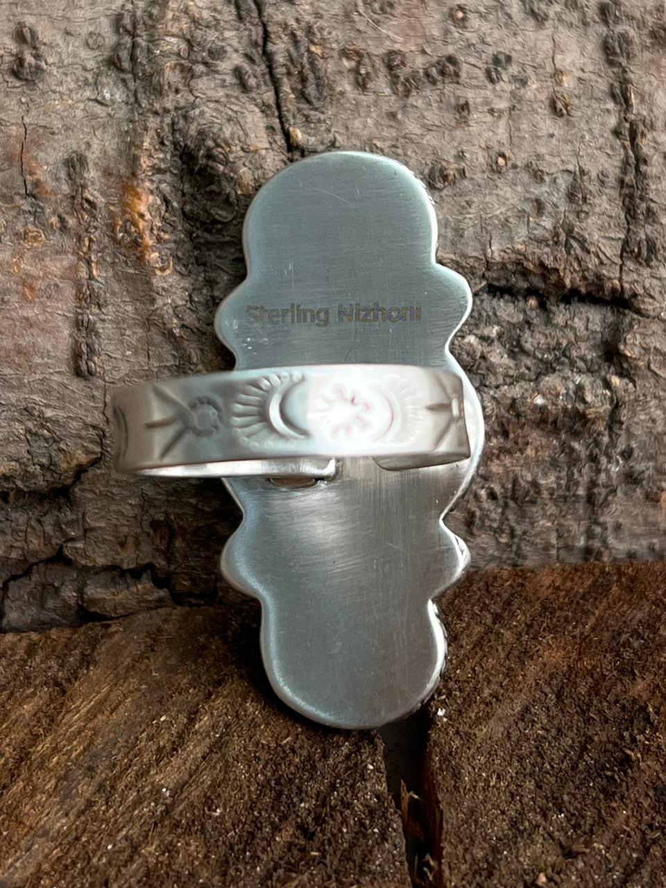 Handmade Sterling Silver Blackjack Turquoise Adjustable Ring "Signed Nizhoni"
