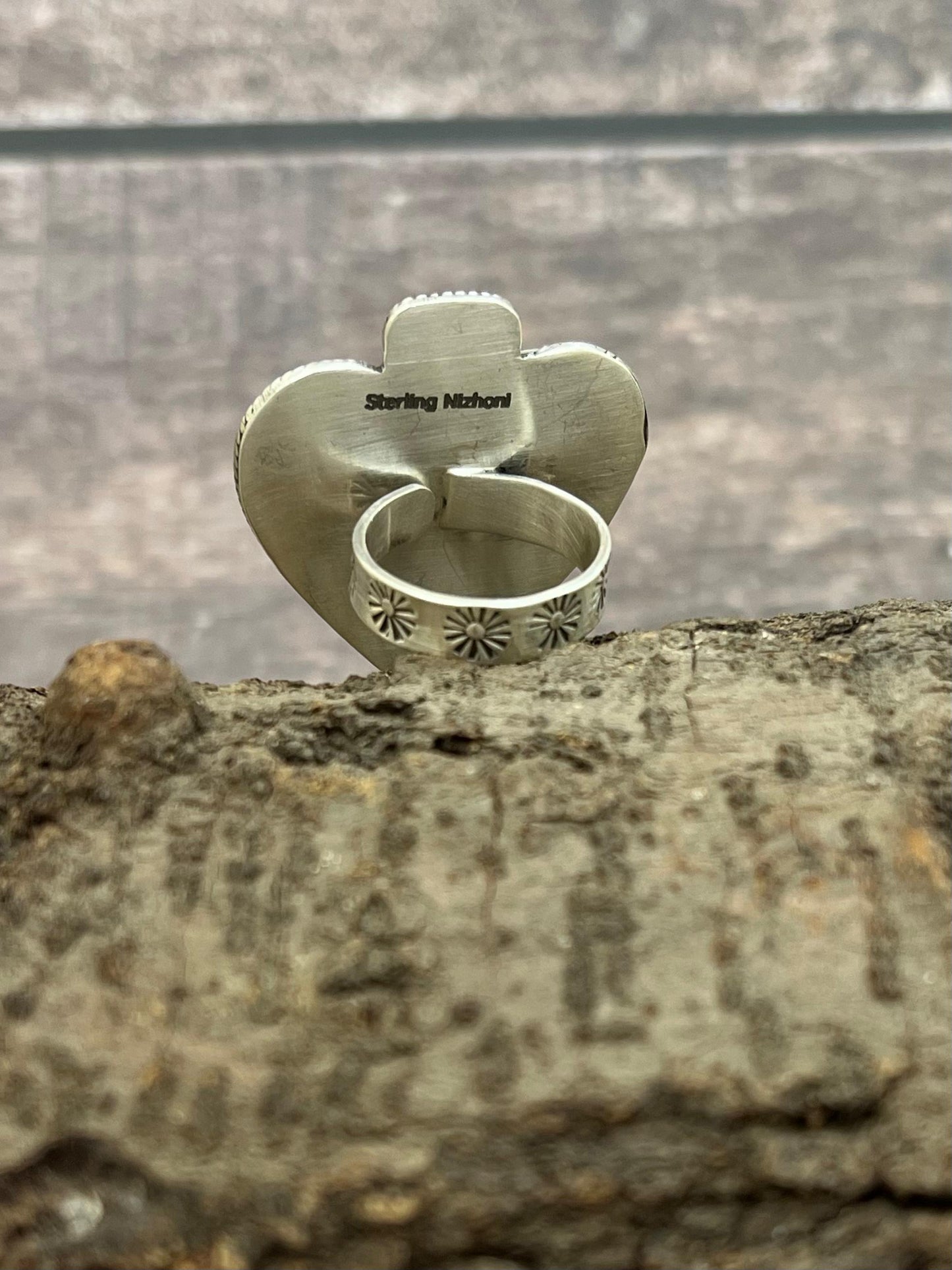 Handmade Sterling Silver White Buffalo Spade Adjustable Ring Signed Nizhoni (4)