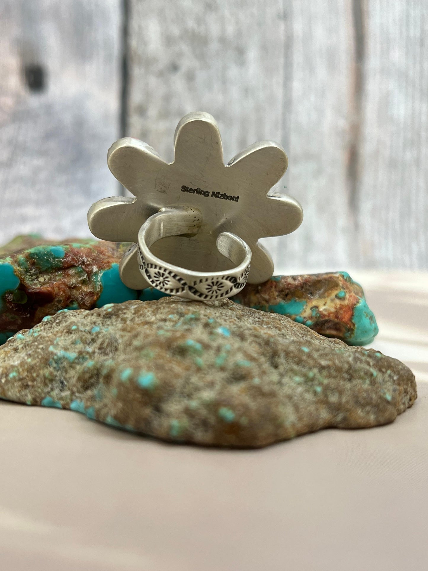 Handmade Sterling Silver Dahlia Rose Adjustable Ring with Signed Nizhoni