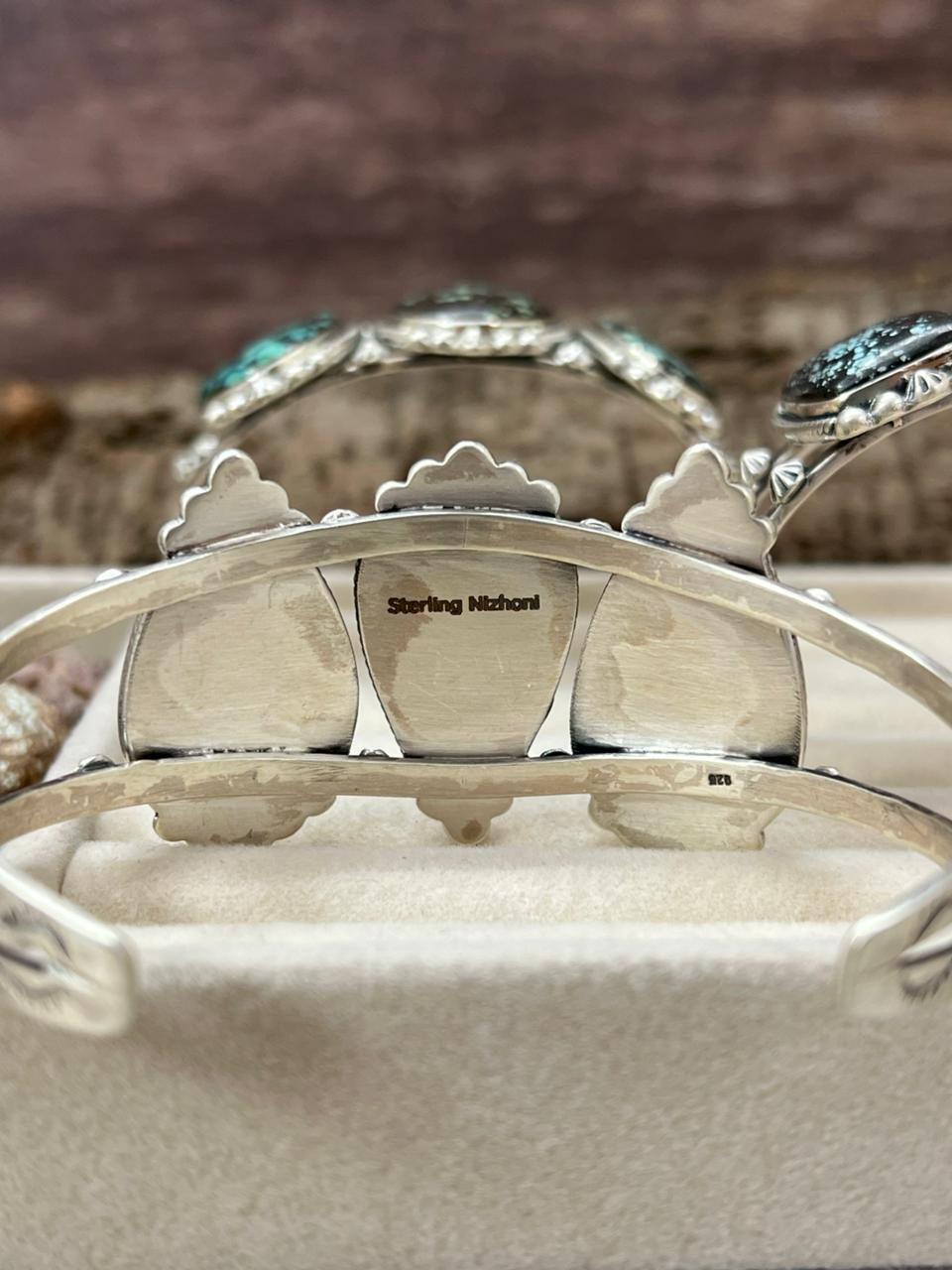 Handmade Sterling Silver Lander Turquoise Cuff Bracelet with Signed Nizhoni
