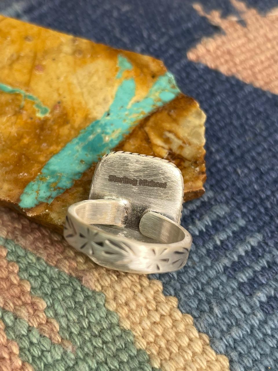 Handmade Sterling Silver Sonoran Mountain Turquoise Adjustable Ring Signed Nizhoni