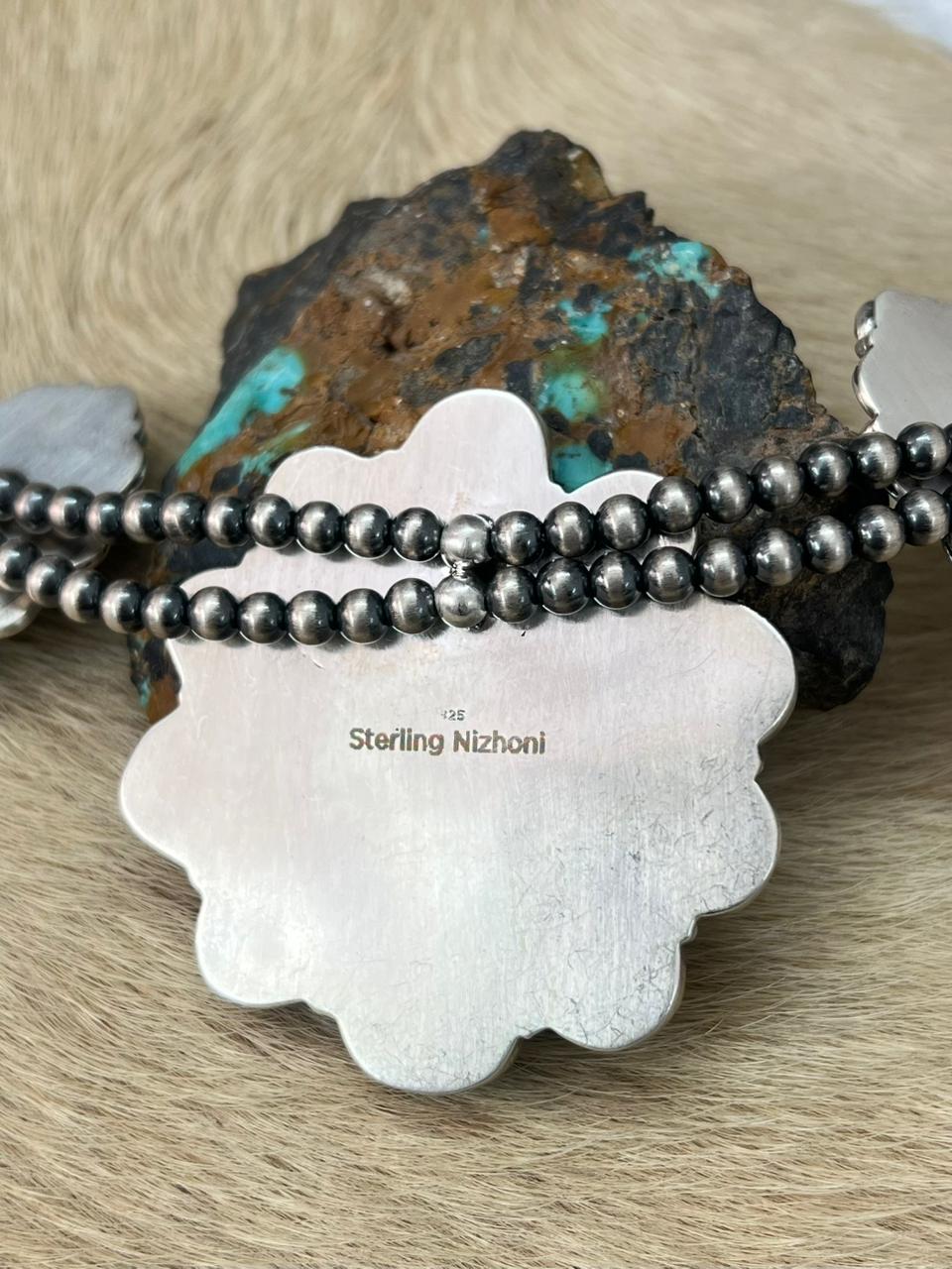 Handmade Sterling Silver Beaded Arizona Blue Turquoise Squash Blossom Necklace "Signed Nizhoni"