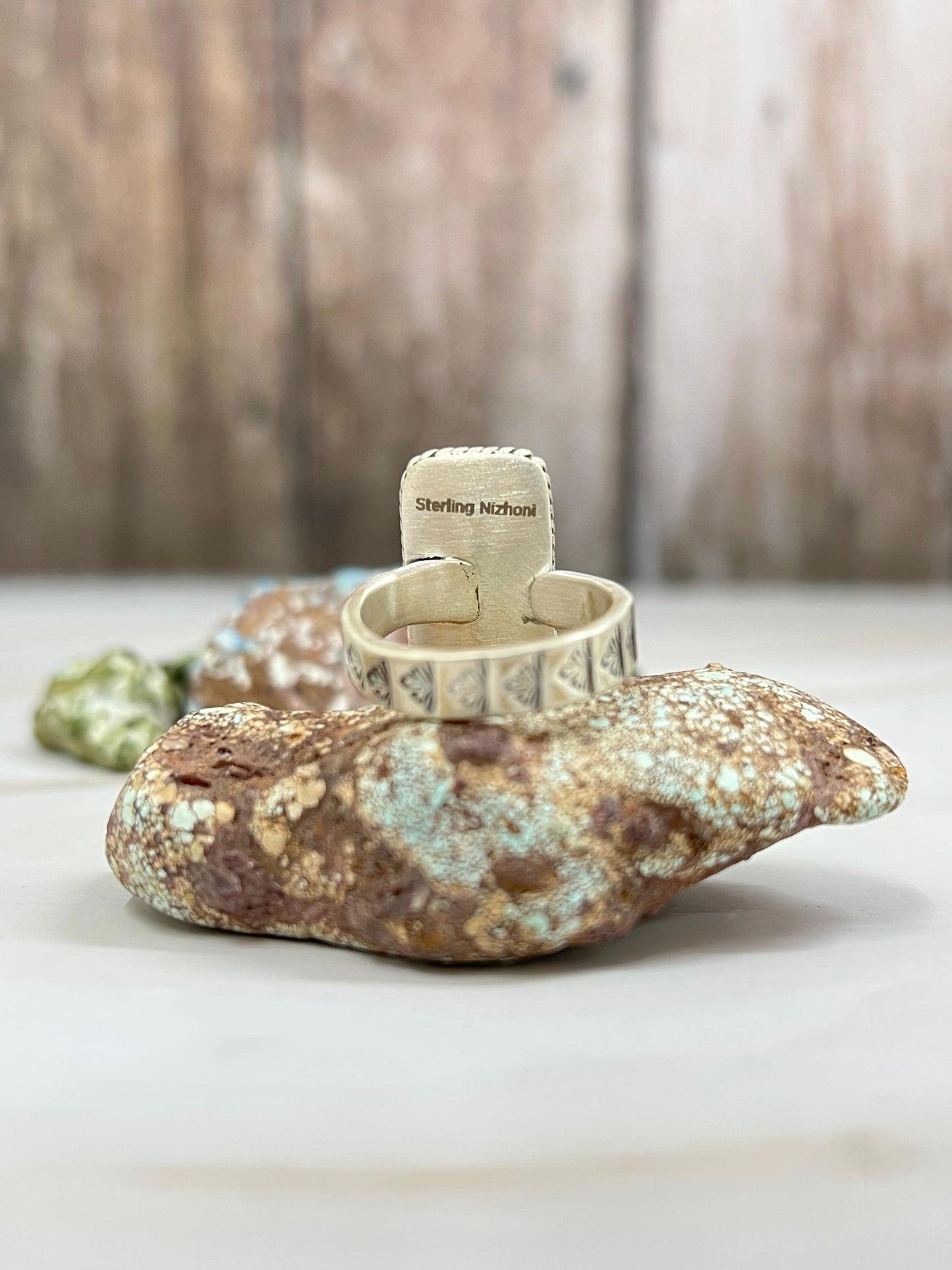 Handmade Sterling Silver White Buffalo Turquoise Adjustable Ring with Signed Nizhoni