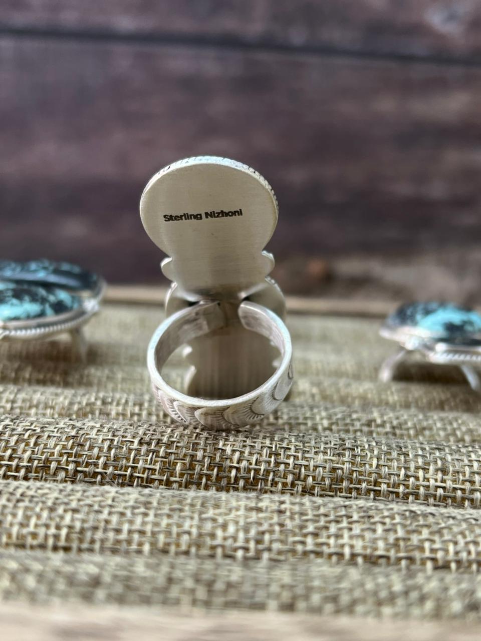 Handmade Sterling Silver Lander Turquoise Adjustable Ring With Signed Nizhoni