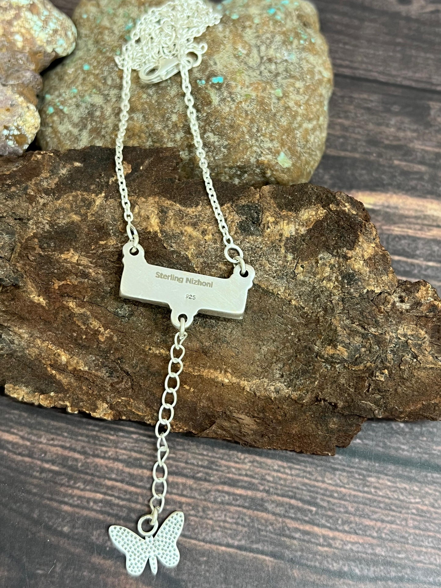 Handmade Sterling Silver Kingman Turquoise Necklace with Signed Nizhoni