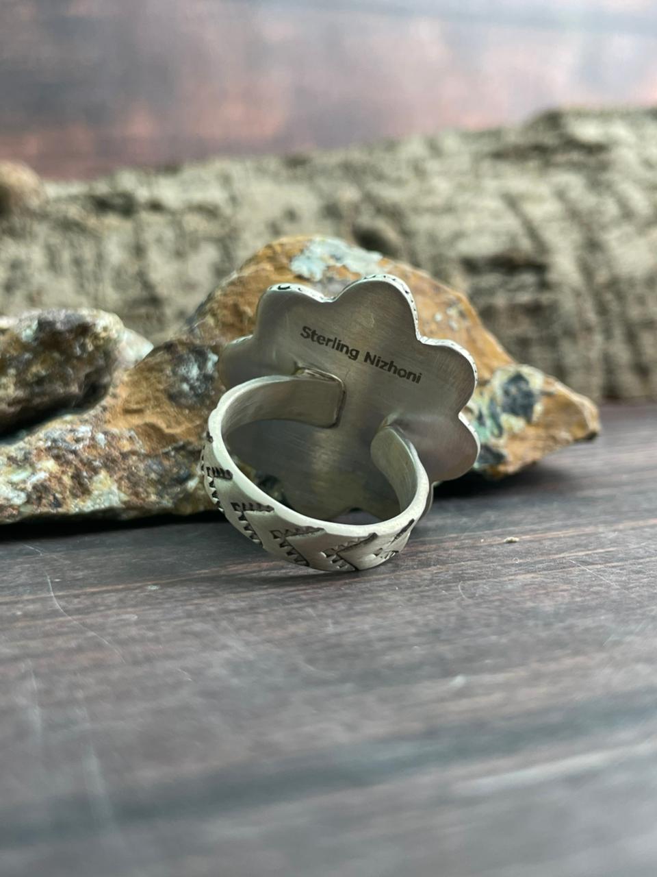 Handmade Sterling Silver Kingman with Wildhorse Magnesite Adjustable Ring "Signed Nizhoni"