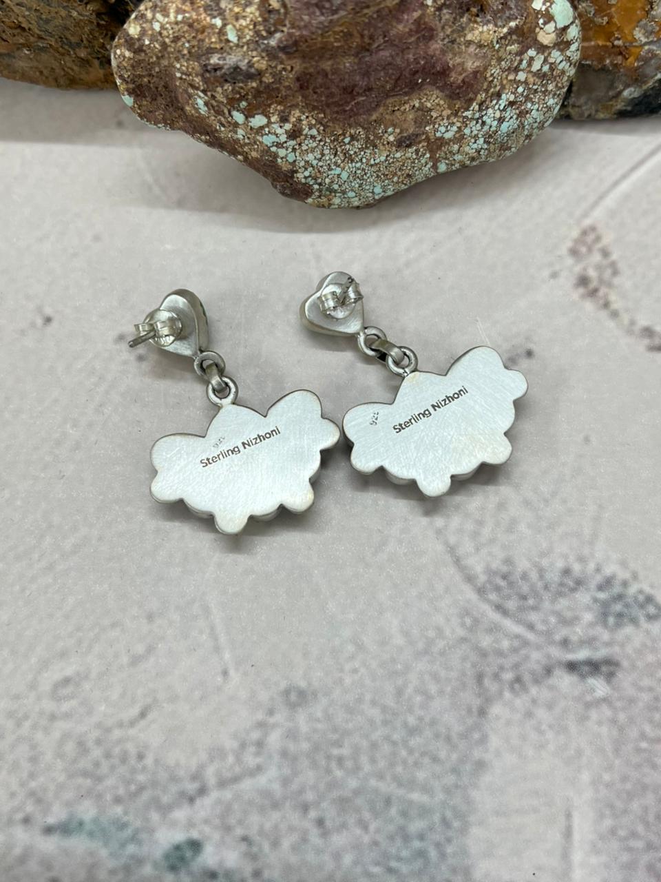 Handmade Sterling Silver Kingman Turquoise Post Dangle Earrings "Signed Nizhoni"