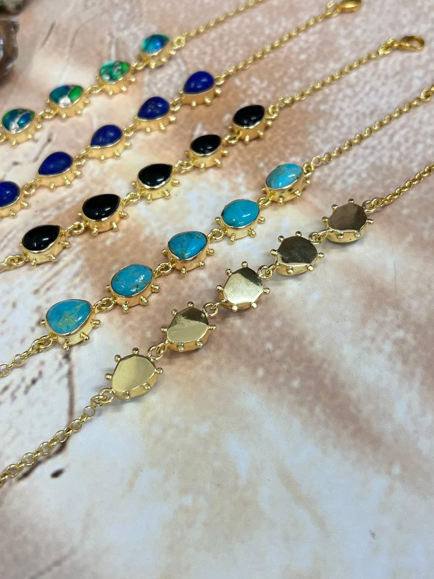 “The Golden Collection” Handmade Natural Gold Plated Peacock Dahlia, Kingman, Black Onyx, Lapis, White Buffalo Turquoise Bracelet