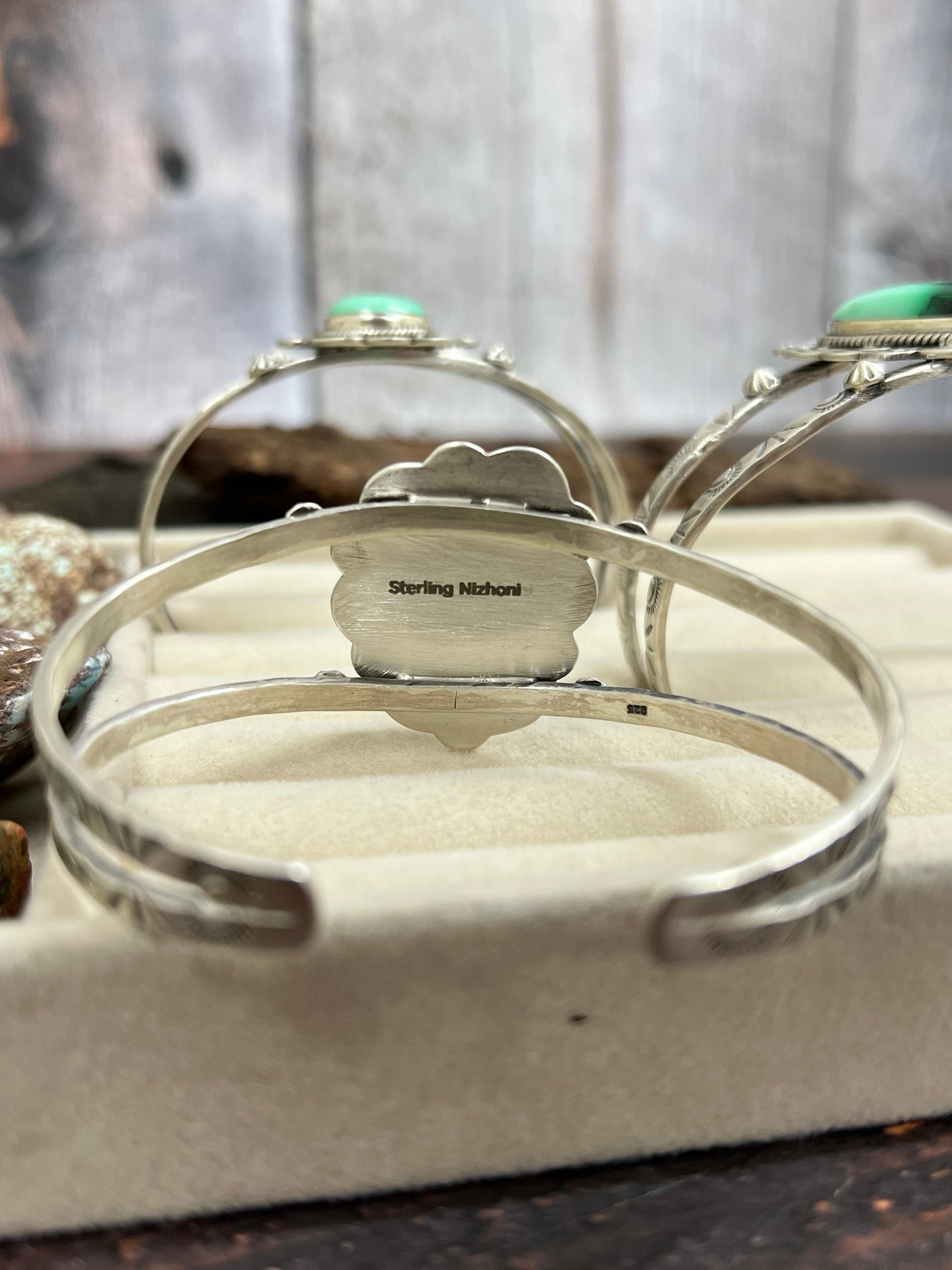 Handmade Sterling Silver Emerald Rose Cuff Bracelet with Signed Nizhoni