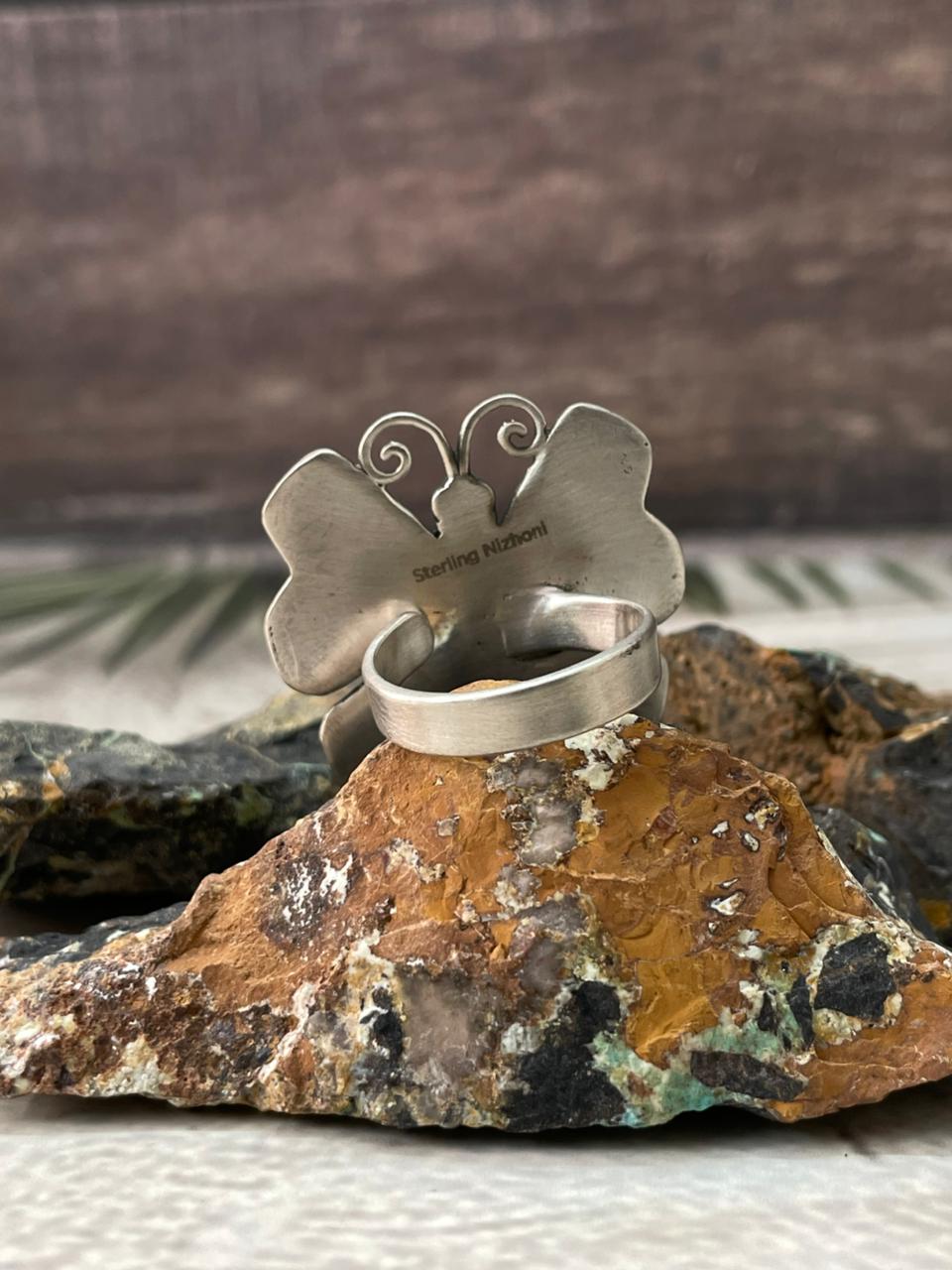 Handmade Sterling Silver Kingman Turquoise Butterfly Adjustable Ring "Signed Nizhoni"