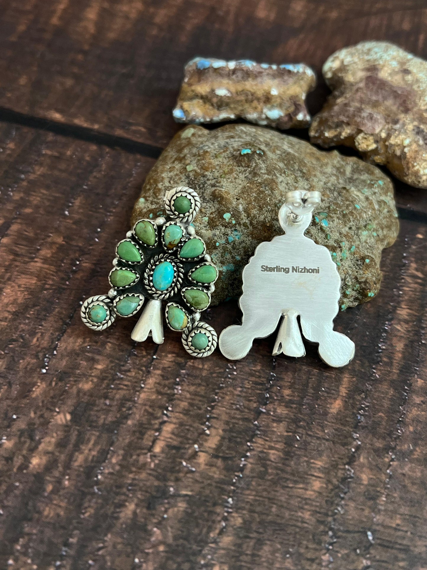 Handmade Sterling Silver Kingman Turquoise Blossom Earrings with Signed Nizhoni