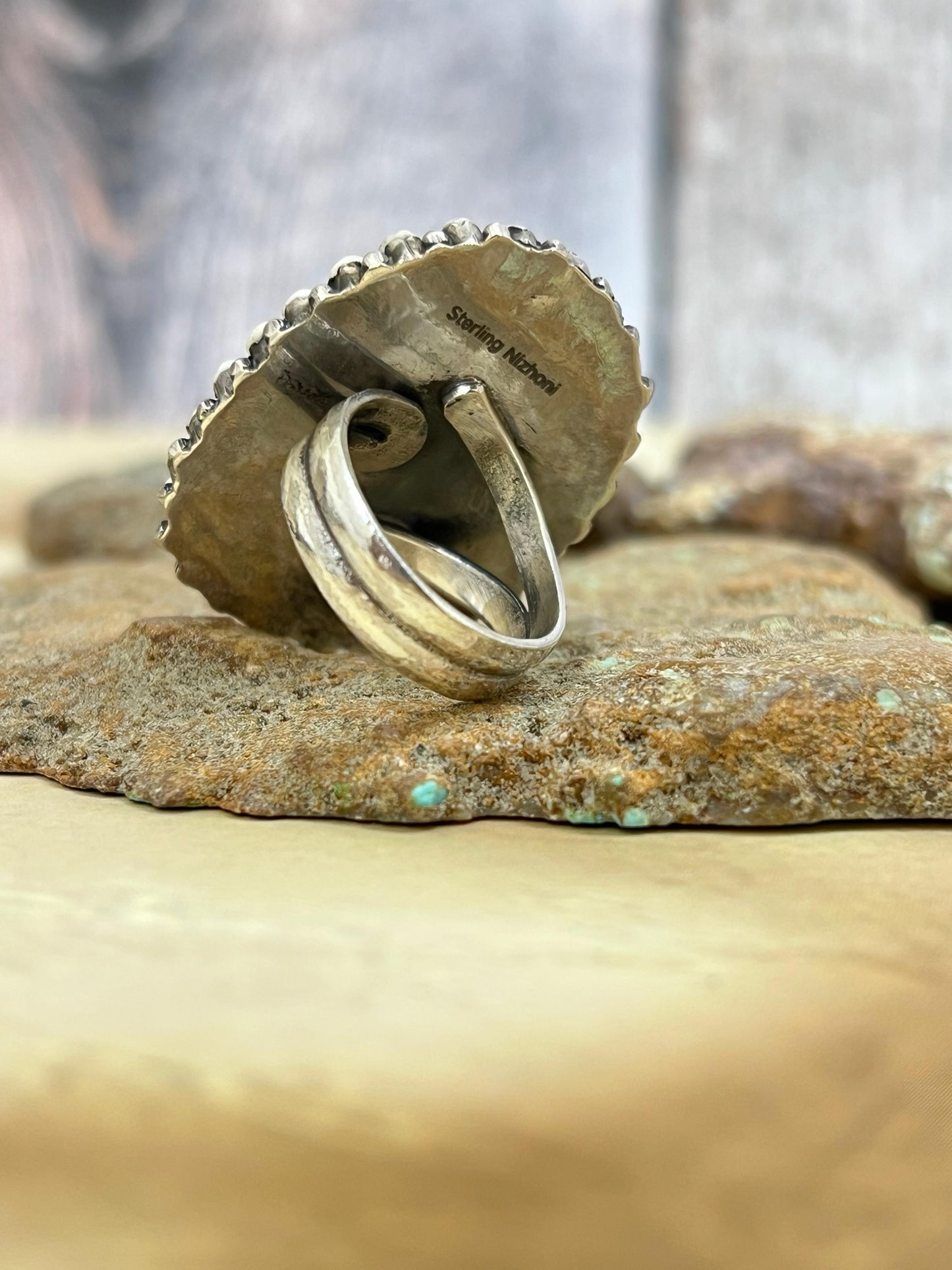 Handmade Sterling Silver White Buffalo Turquoise Adjustable Ring with Signed Nizhoni (1)