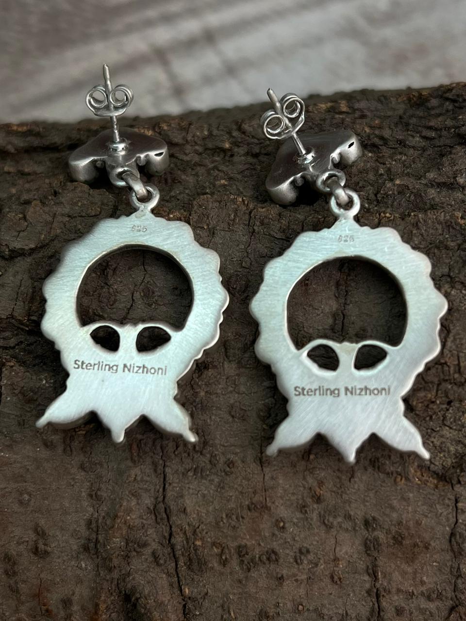 Handmade Sterling Silver Kingman Turquoise Post Dangle Earrings "Signed Nizhoni"