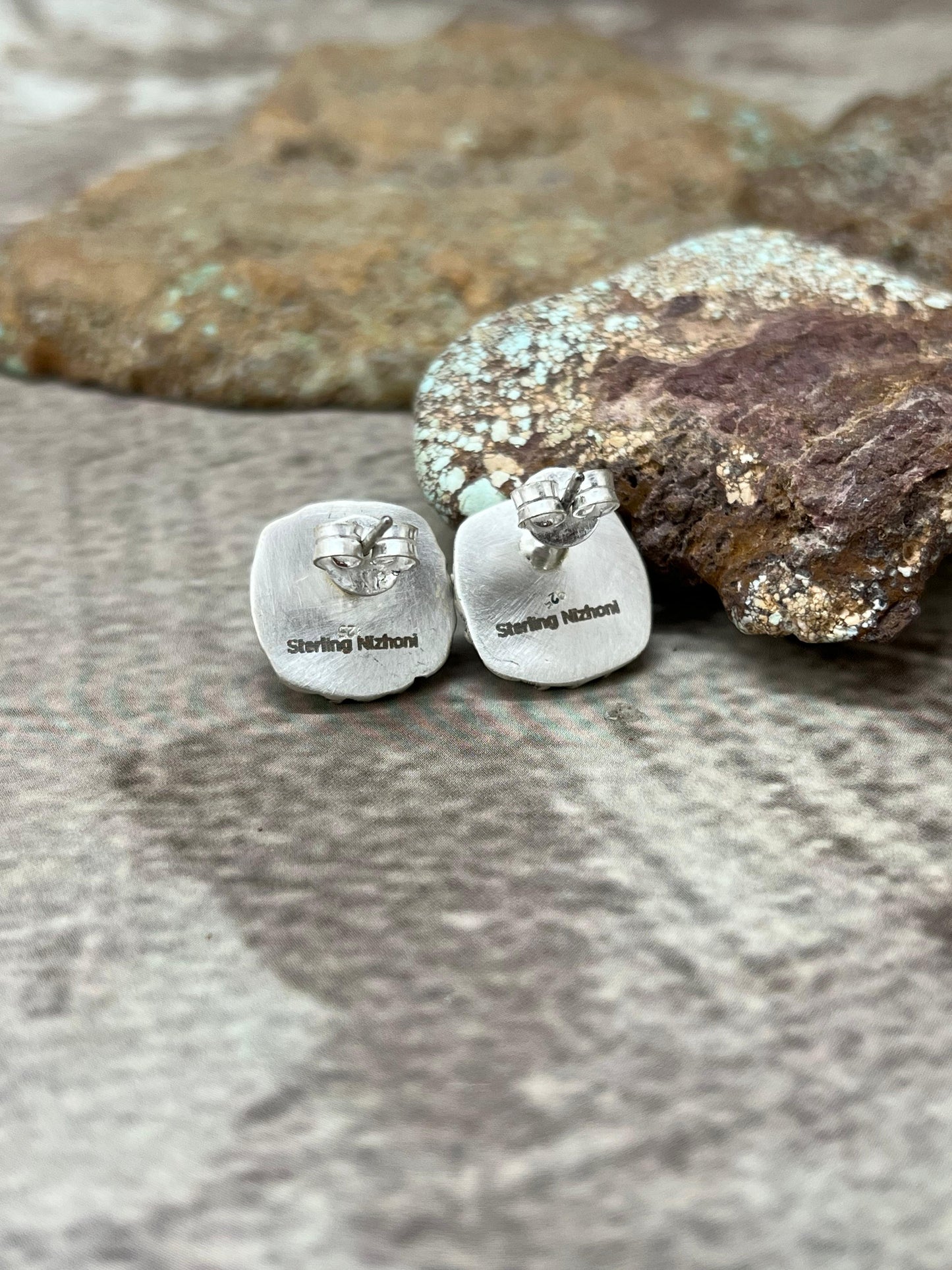 Handmade Sterling Silver White Buffalo Post Studs with Signed Nizhoni