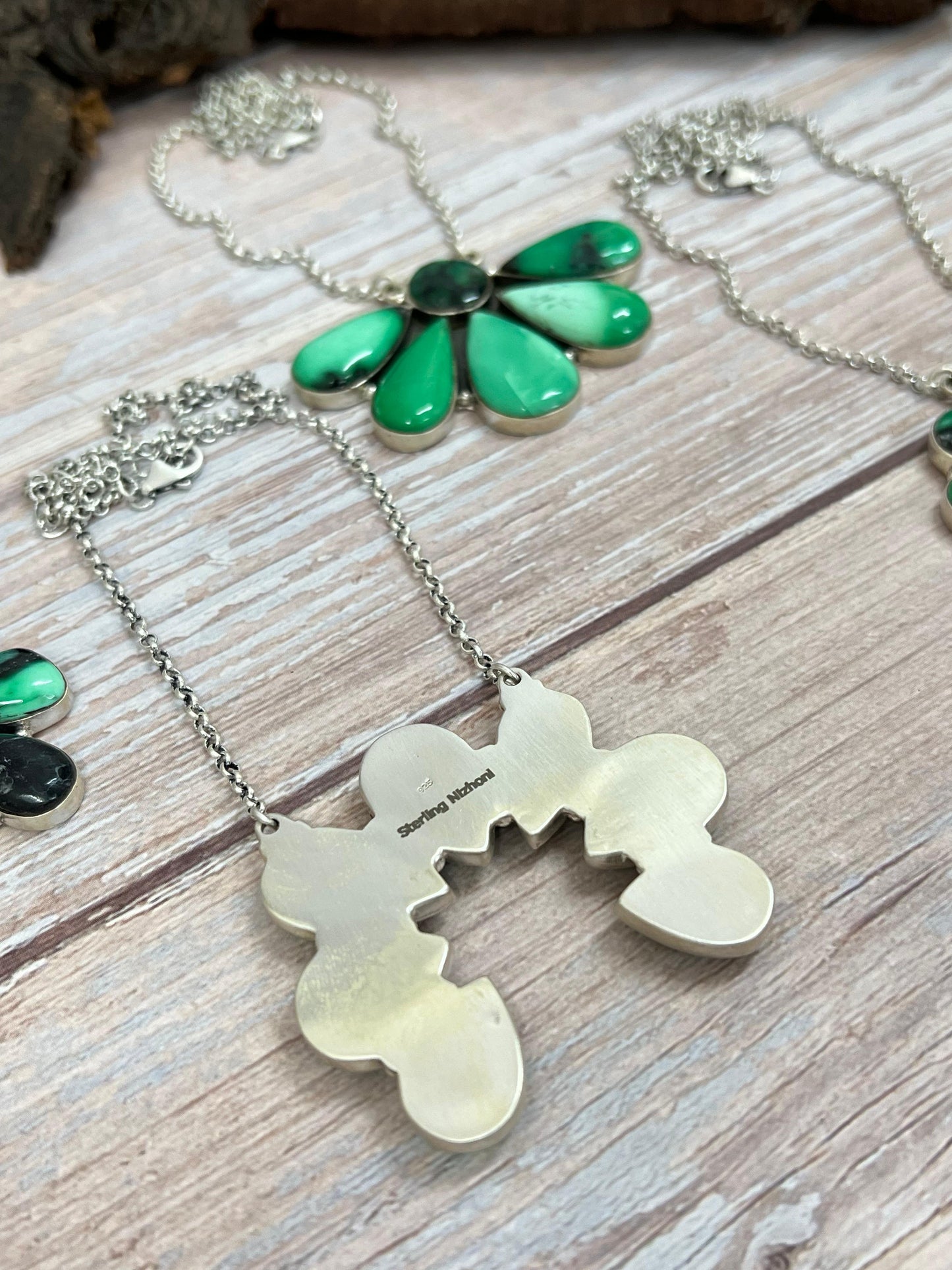 Handmade Sterling Silver Emerald Rose Necklace with Signed Nizhoni