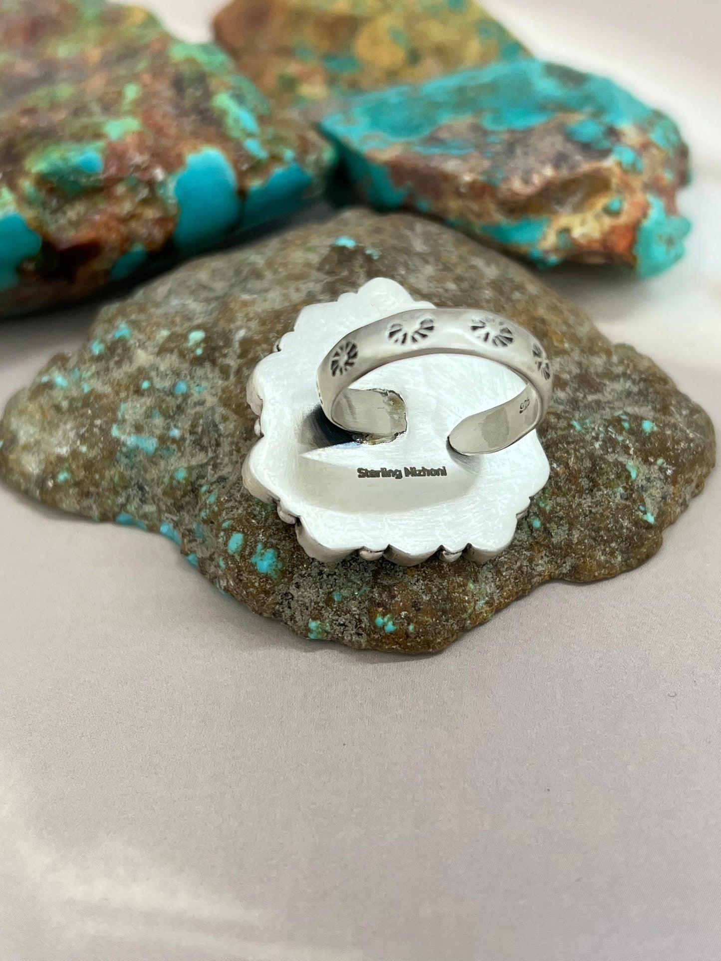 Handmade Sterling Silver Kingman Turquoise, Black Onyx Adjustable Heart Ring with Signed Nizhoni