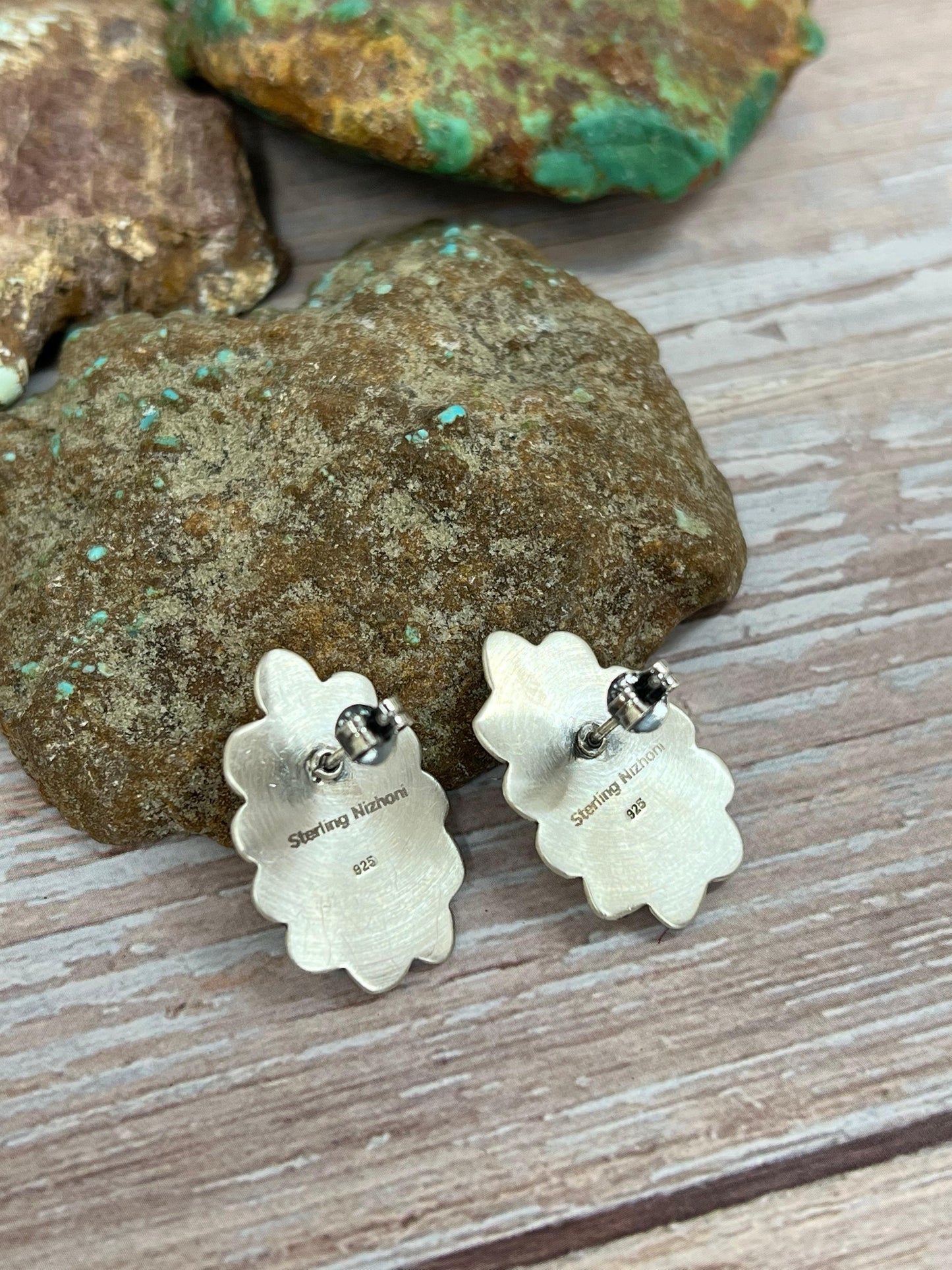 Handmade Sterling Silver Royston Turquoise Post Studs with Signed Nizhoni