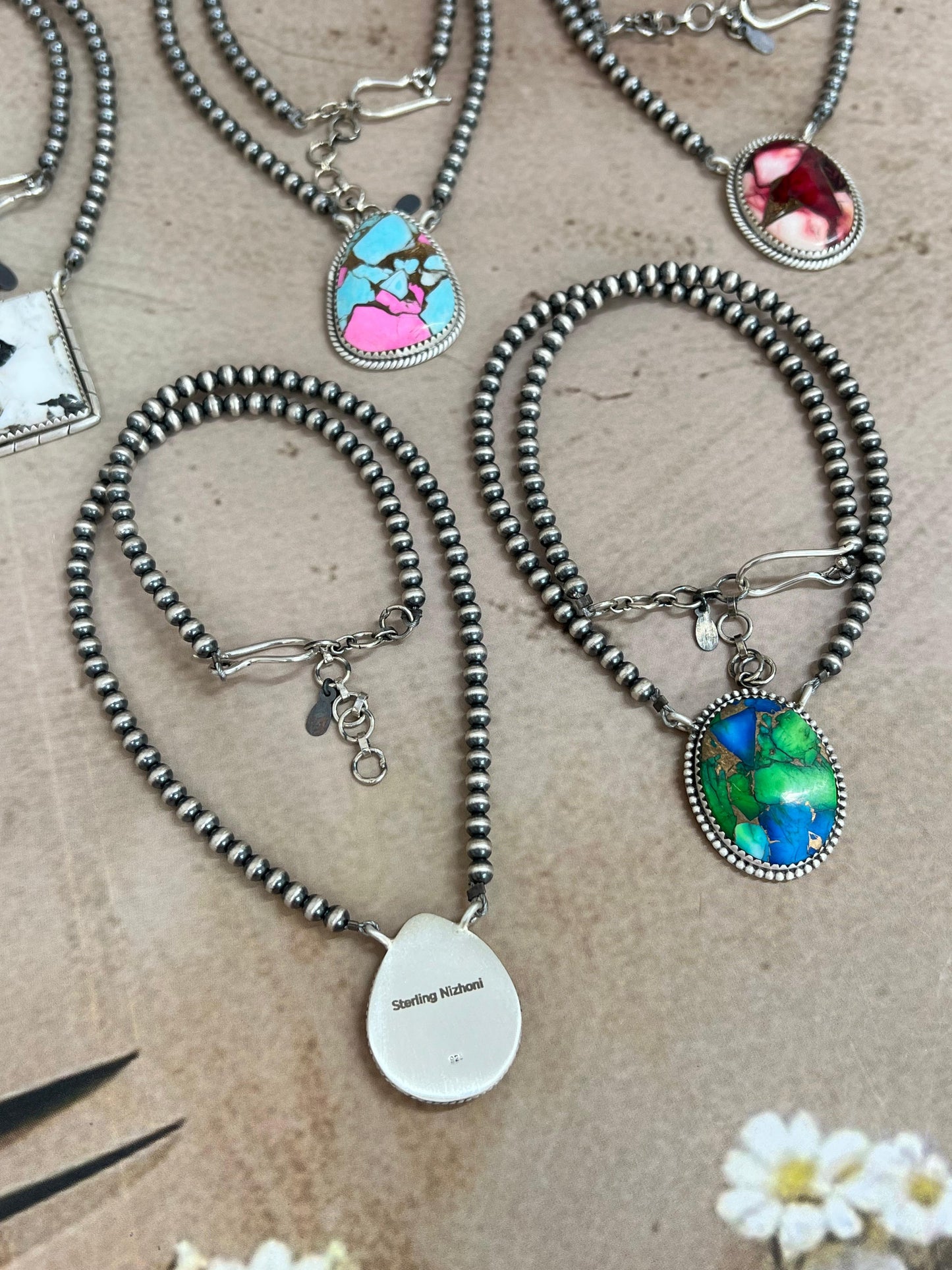 Handmade Sterling Silver Multi Stone Beaded Necklace, Signed Nizhoni