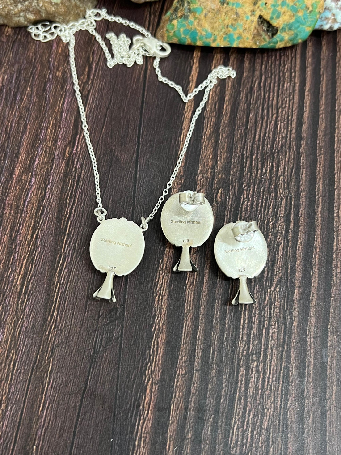 Handmade Sterling Silver Kingman Turquoise Necklace Earrings Set with Signed Nizhoni