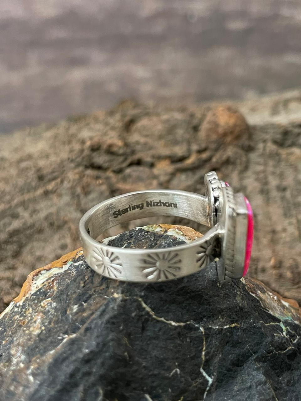 "Heart Collection" Handmade Sterling Silver Hot Pink Adjustable Ring "Signed Nizhoni"