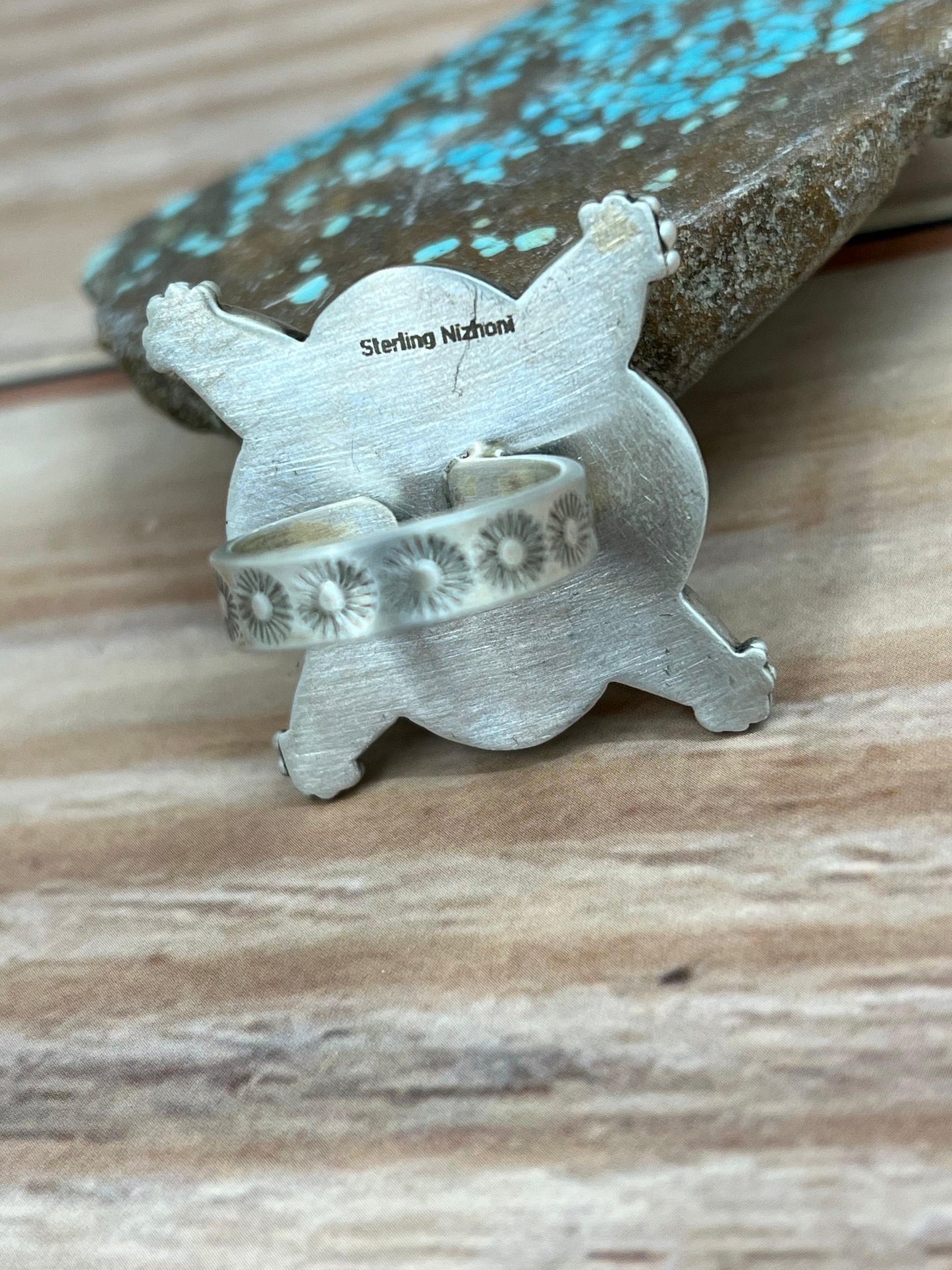 Handmade Sterling Silver Cotton Candy Turquoise Adjustable Ring with Signed Nizhoni