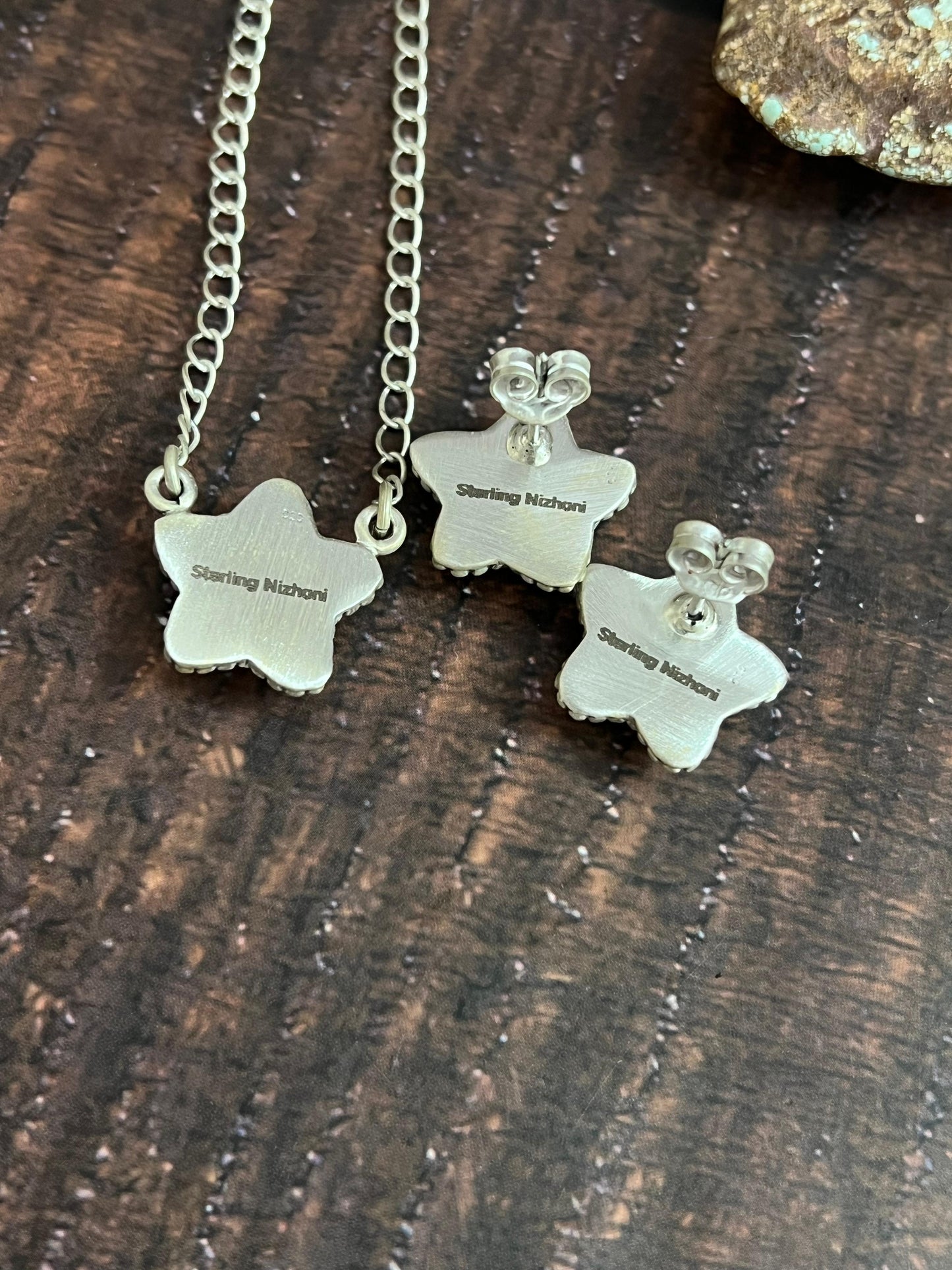 Handmade Sterling Silver Campitos Turquoise Star Necklace Earrings Set, Signed Nizhoni