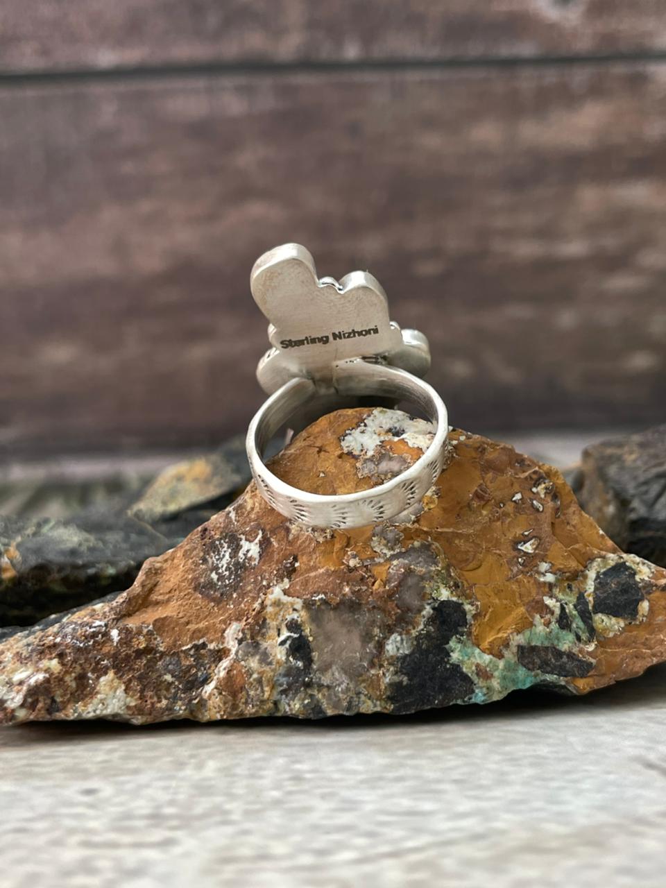 Handmade Sterling Silver Paloma with White Water Adjustable Ring "Signed Nizhoni"