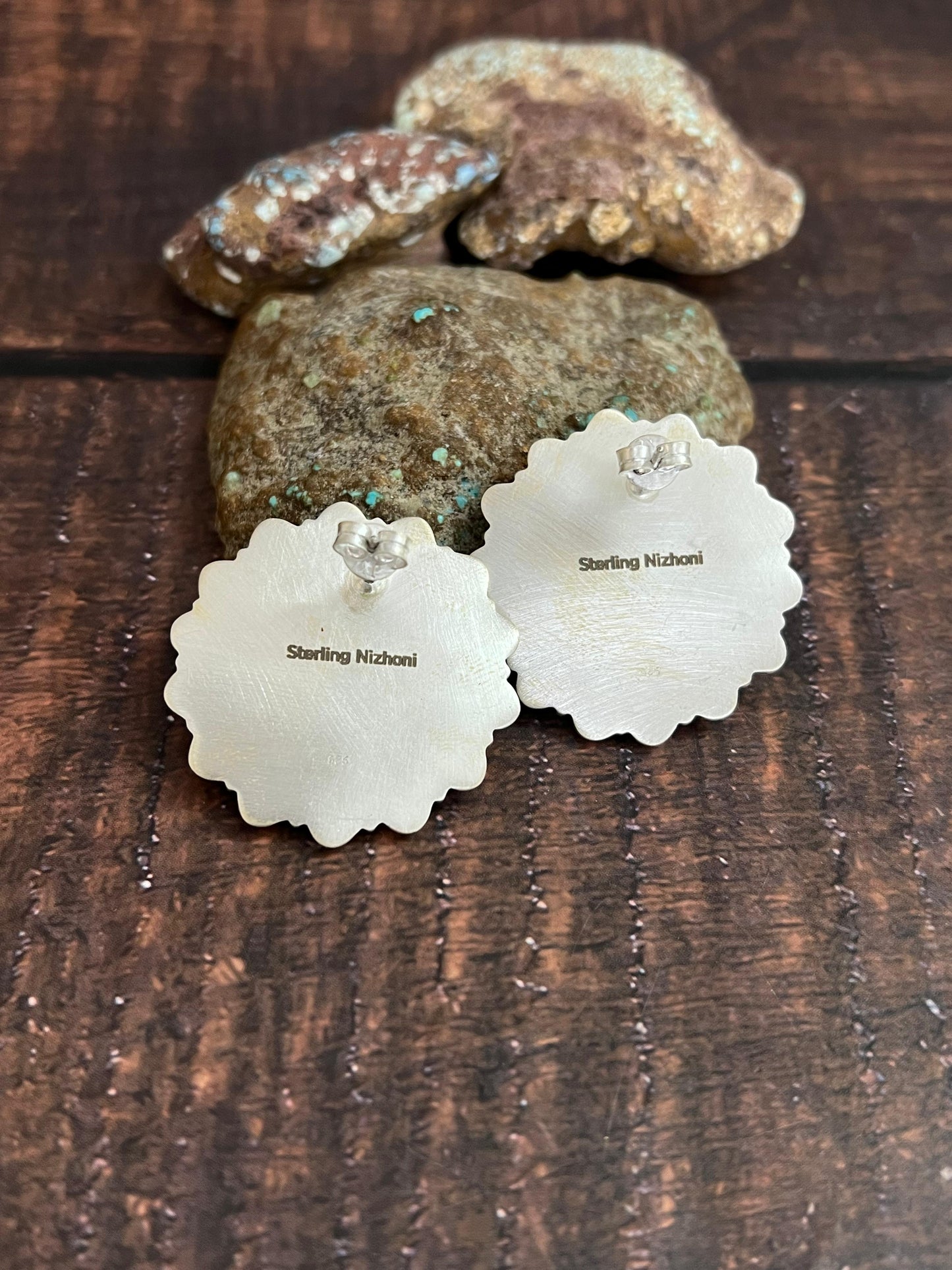 Handmade Sterling Silver Kingman Turquoise Studs with Signed Nizhoni