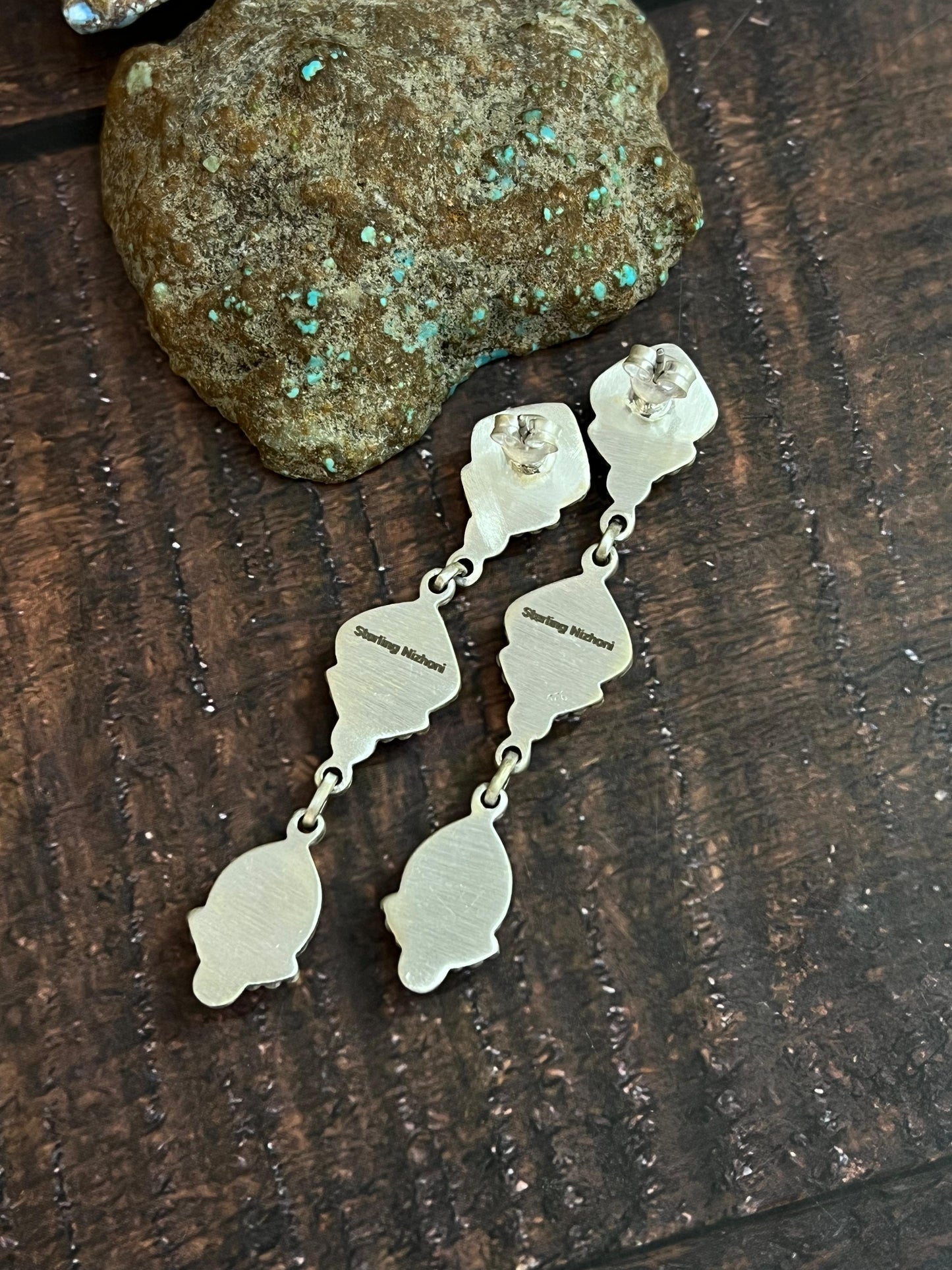 Handmade Sterling Silver White Buffalo Post Dangle Earrings with Signed Nizhoni