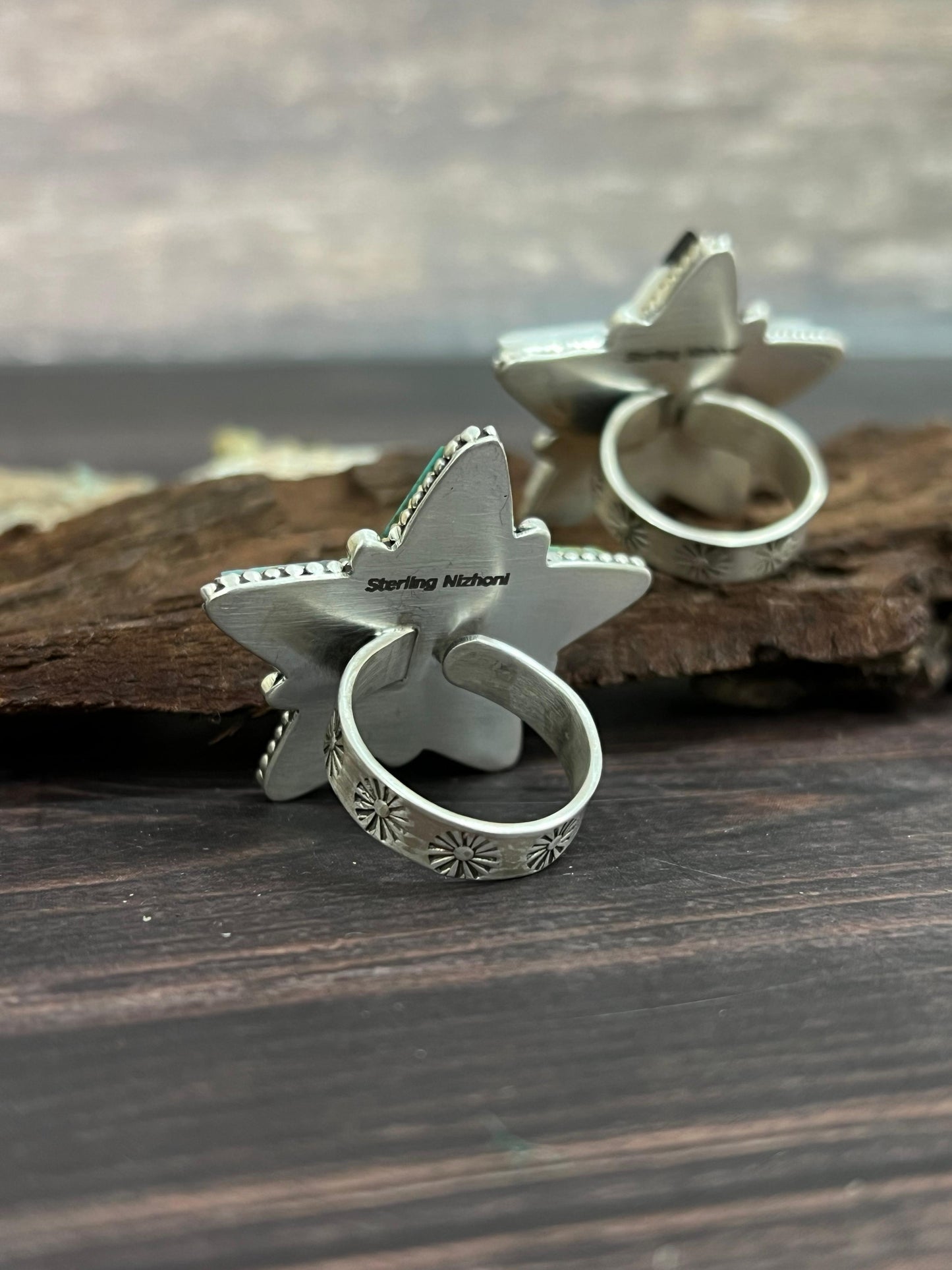 Handmade Sterling Silver White Buffalo, Kingman Turquoise Star Adjustable Ring, Signed Nizhoni (1)