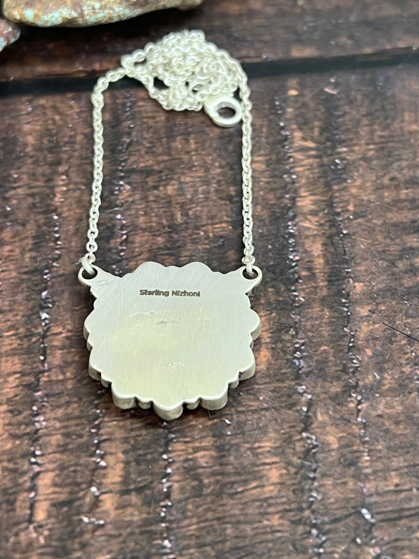 Handmade Sterling Silver Dahlia Rose, Kingman Turquoise Necklace with Signed Nizhoni