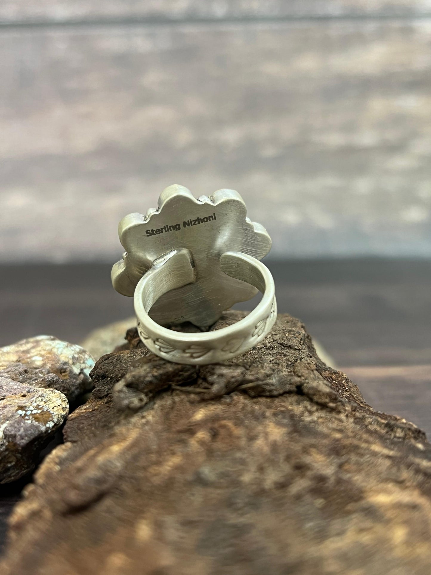 Handmade Sterling Silver Kingman Turquoise Adjustable Ring with Signed Nizhoni