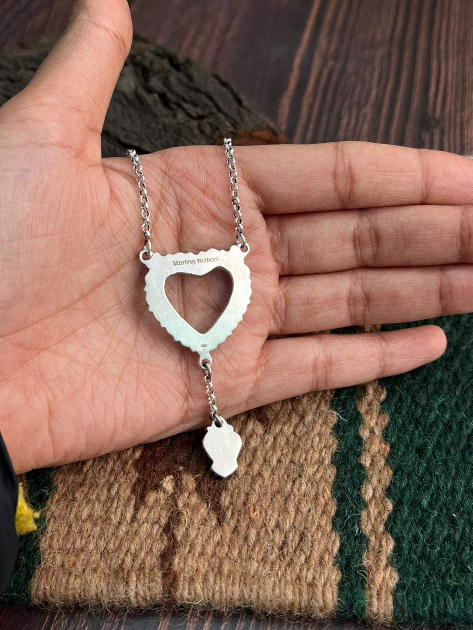 "Heart Collection" Handmade Sterling Silver Kingman Turquoise Necklace "Signed Nizhoni"