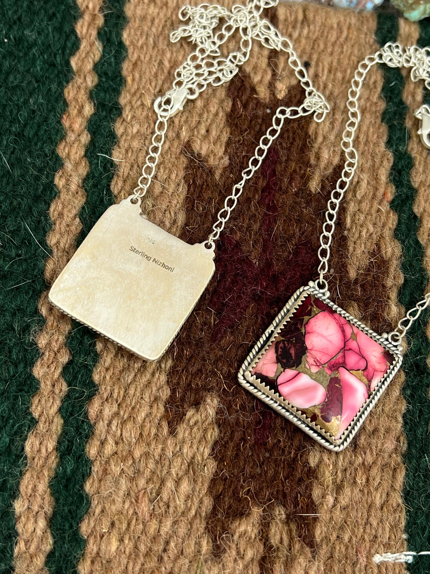 Handmade Sterling Silver Dahlia Rose, Cotton Candy Turquoise Necklace with Signed Nizhoni