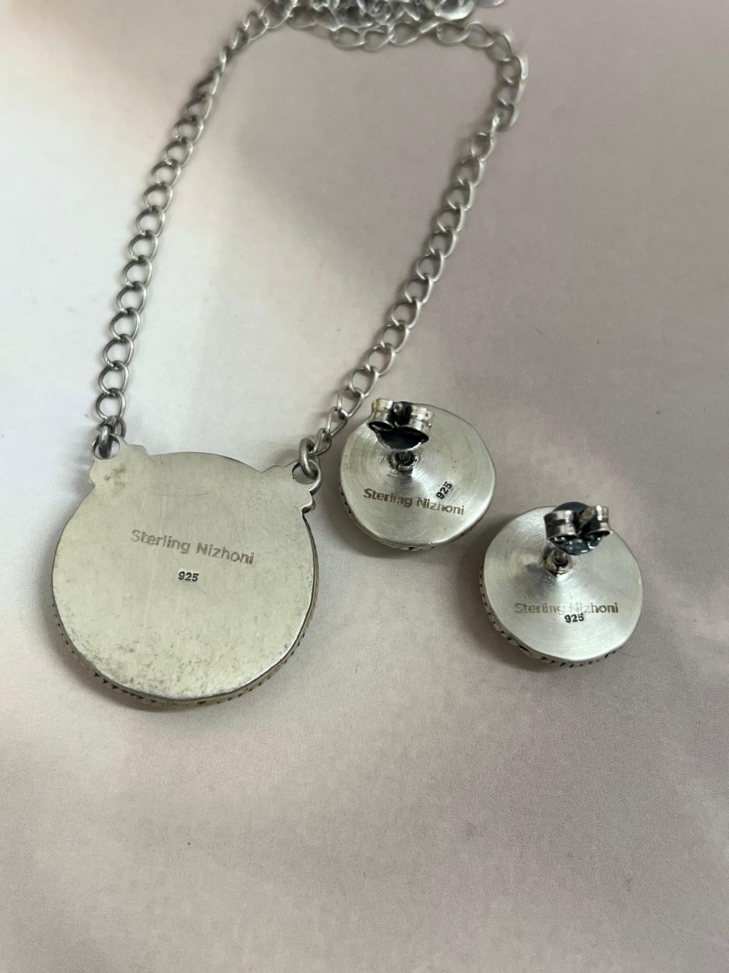 Handmade Sterling Silver Blackjack Turquoise Necklace Earrings Set with Signed Nizhoni