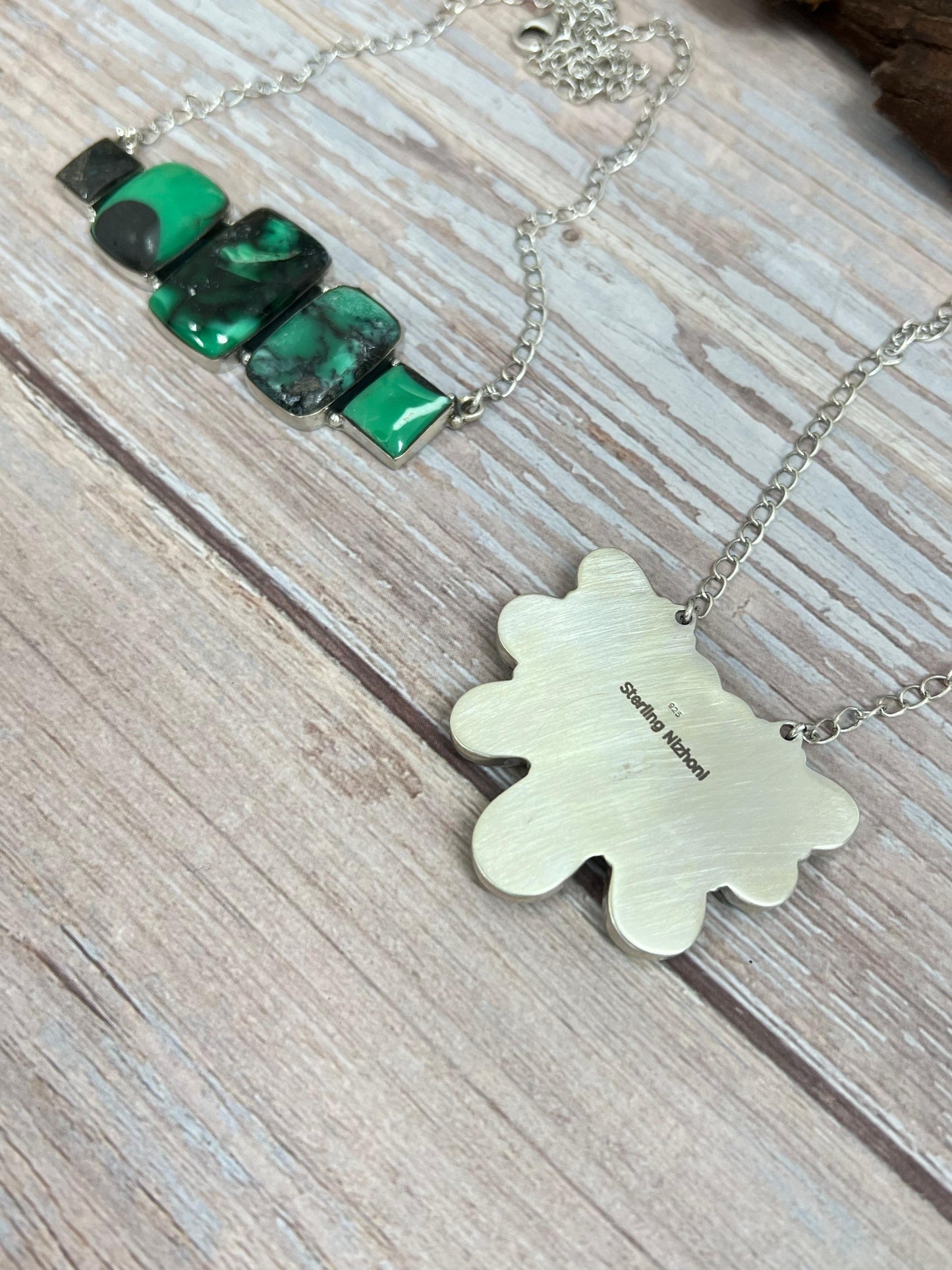 Handmade Sterling Silver Emerald Rose Necklace with Signed Nizhoni