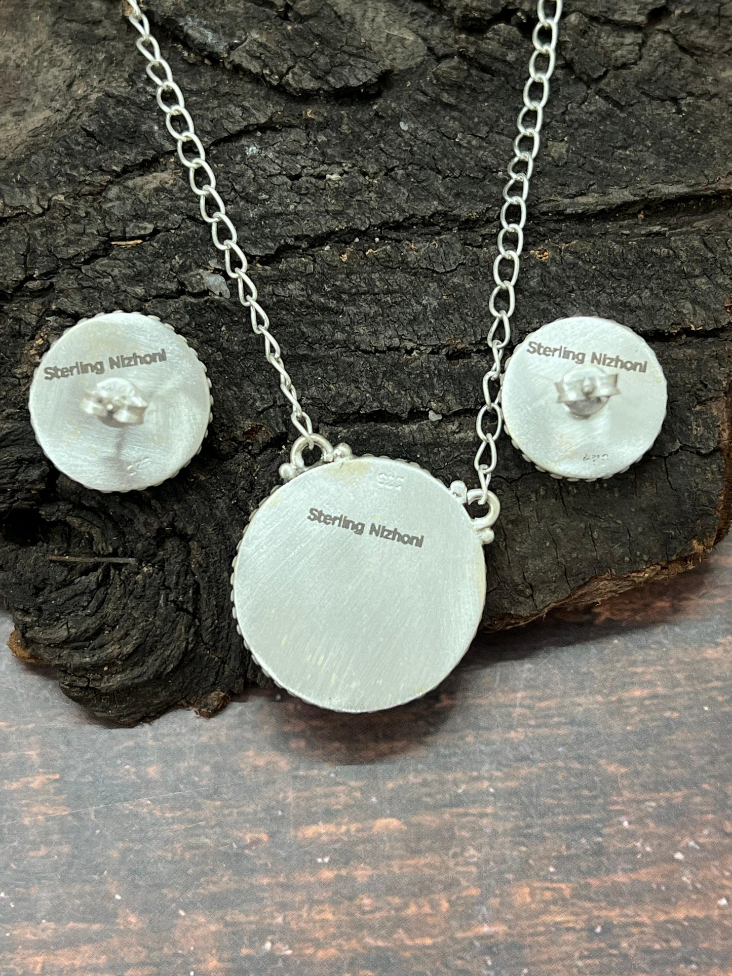 Handmade Sterling Silver Number 8 Turquoise Necklace Earrings Set with Signed Nizhoni